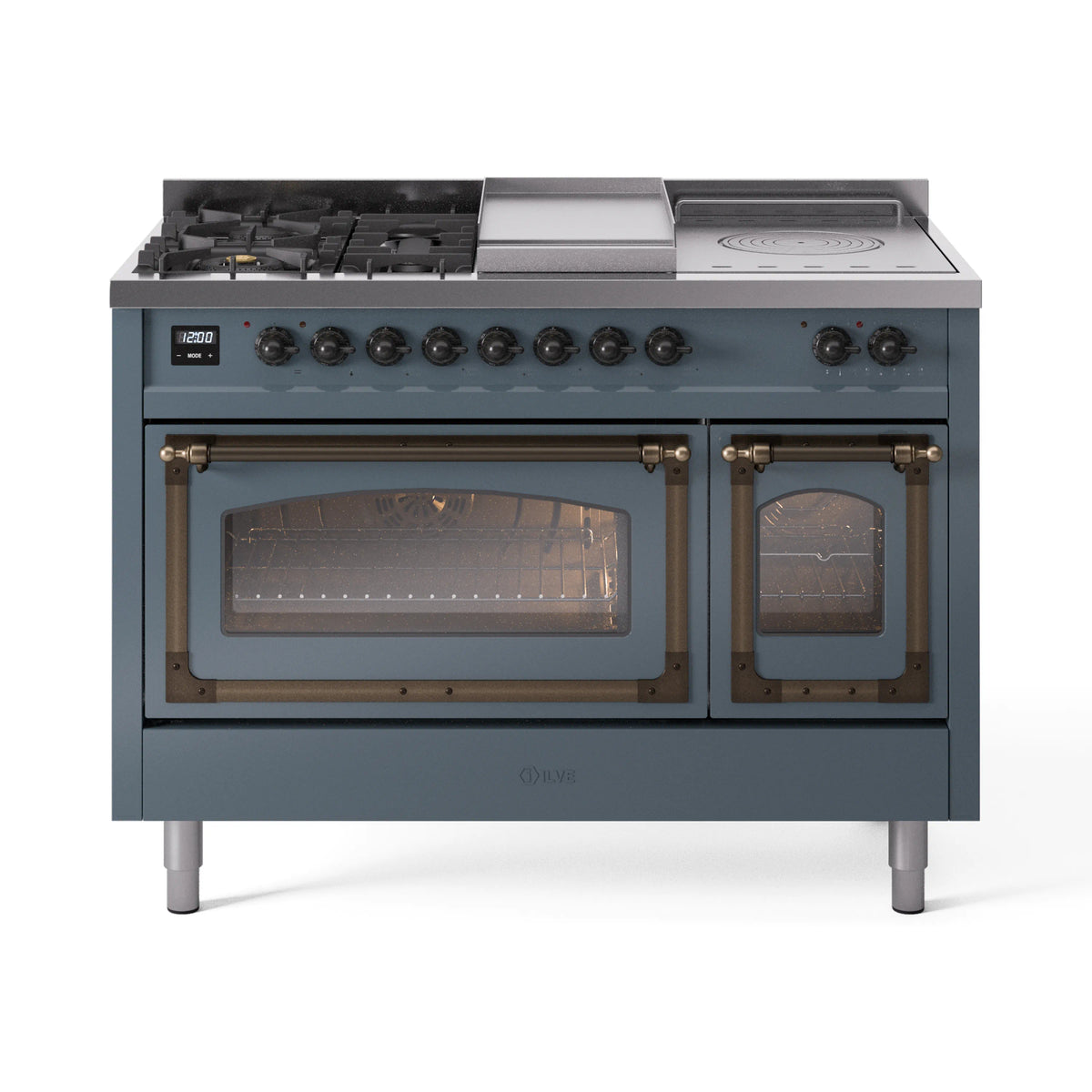 ILVE Nostalgie II Noblesse 48-Inch Natural Gas Dual Fuel Range with 5 Burners, Griddle, & French Top with Triple Glass Door Oven in Blue Grey with Burnished Bronze Trim (UN48FSNMPBGB)