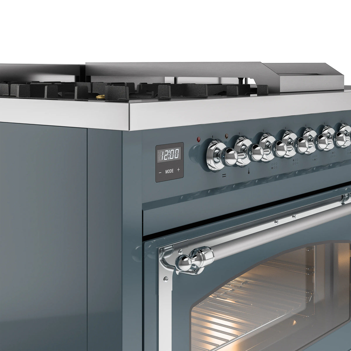 ILVE Nostalgie II Noblesse 48-Inch Natural Gas Dual Fuel Range with 5 Burners, Griddle, & French Top with Triple Glass Door Oven in Blue Grey with Chrome Trim (UN48FSNMPBGC)