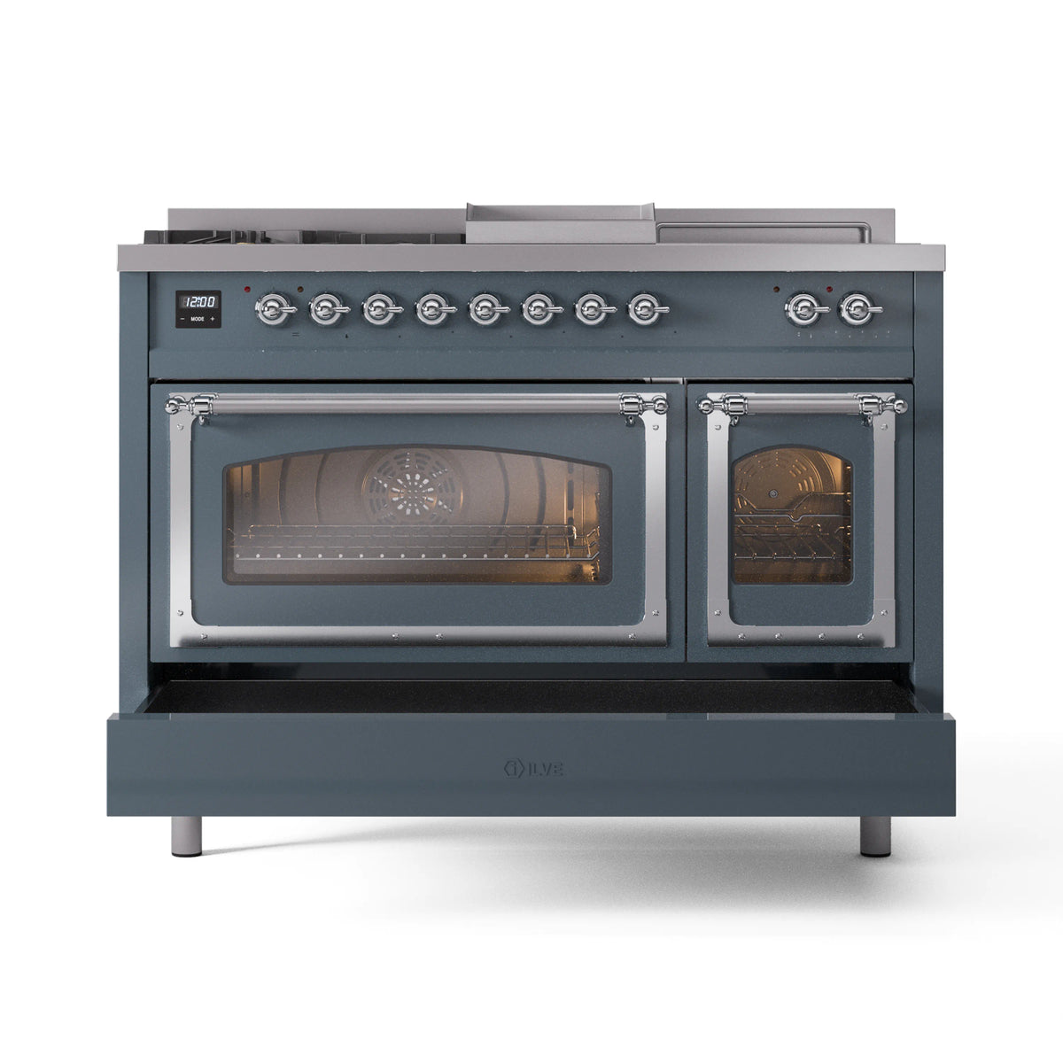 ILVE Nostalgie II Noblesse 48-Inch Propane Gas Dual Fuel Range with 5 Burners, Griddle, & French Top with Triple Glass Door Oven in Blue Grey with Chrome Trim (UN48FSNMPBGCLP)