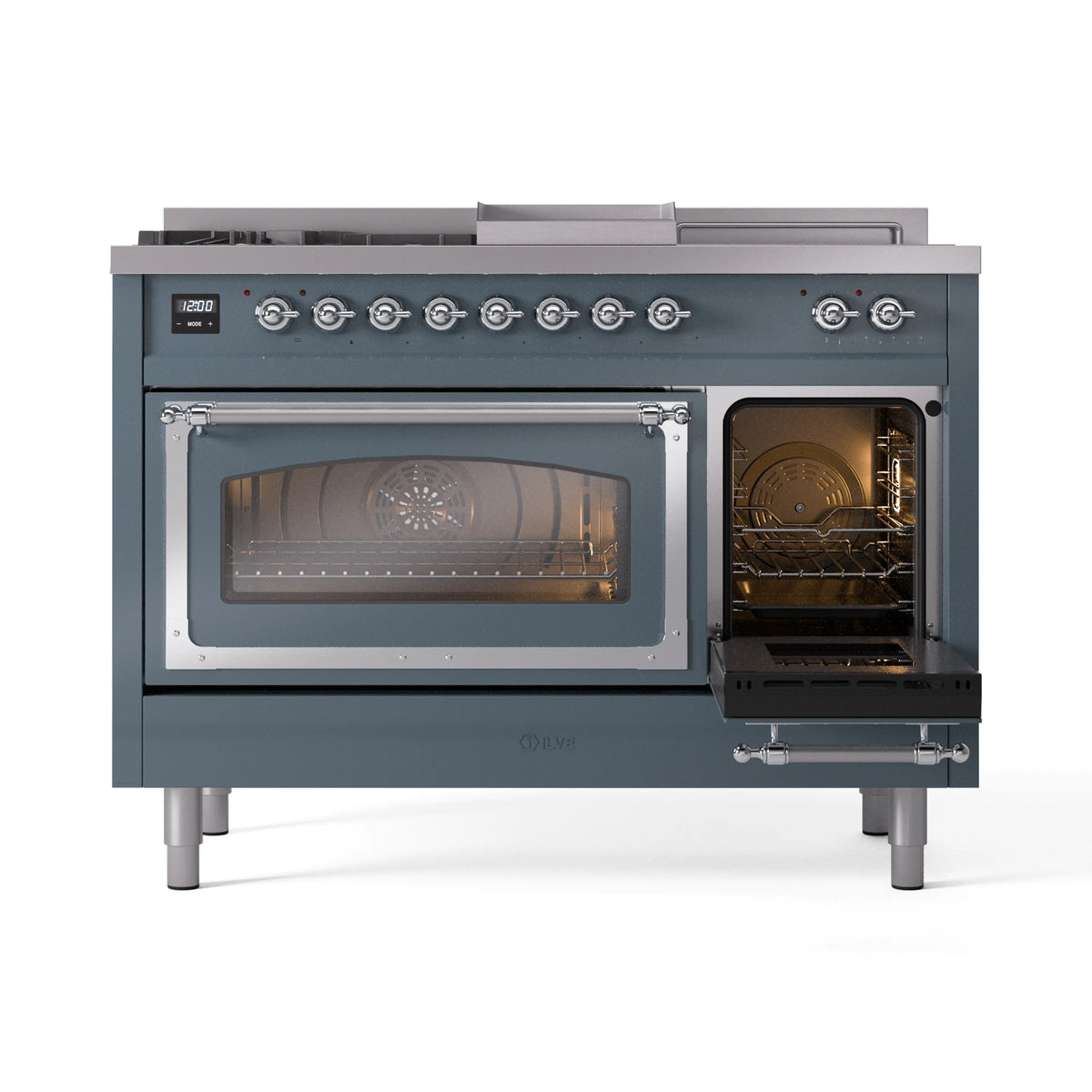 ILVE Nostalgie II Noblesse 48-Inch Propane Gas Dual Fuel Range with 5 Burners, Griddle, & French Top with Triple Glass Door Oven in Blue Grey with Chrome Trim (UN48FSNMPBGCLP)