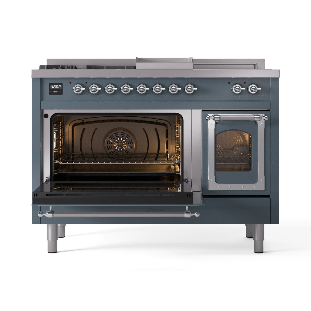 ILVE Nostalgie II Noblesse 48-Inch Propane Gas Dual Fuel Range with 5 Burners, Griddle, & French Top with Triple Glass Door Oven in Blue Grey with Chrome Trim (UN48FSNMPBGCLP)