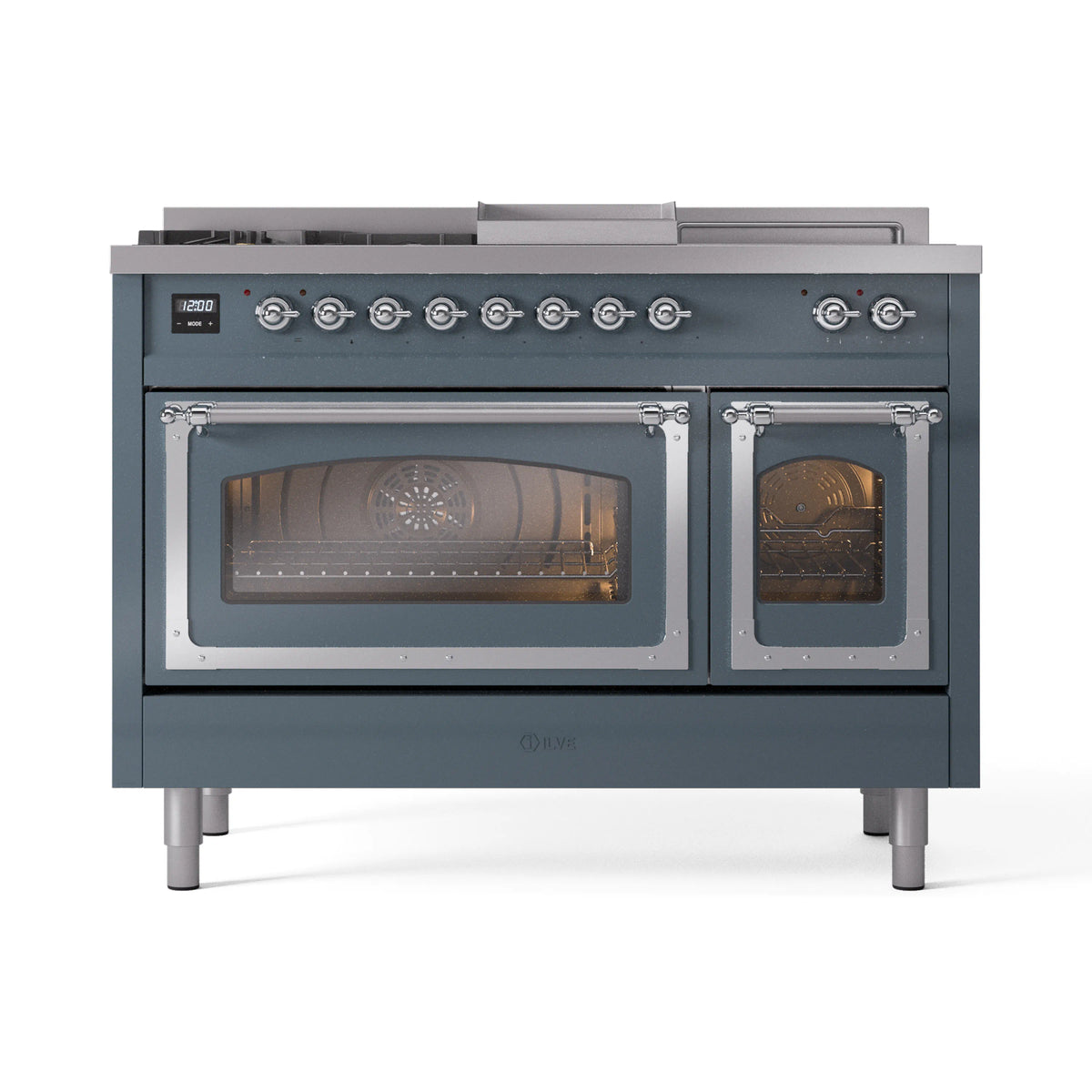 ILVE Nostalgie II Noblesse 48-Inch Propane Gas Dual Fuel Range with 5 Burners, Griddle, & French Top with Triple Glass Door Oven in Blue Grey with Chrome Trim (UN48FSNMPBGCLP)