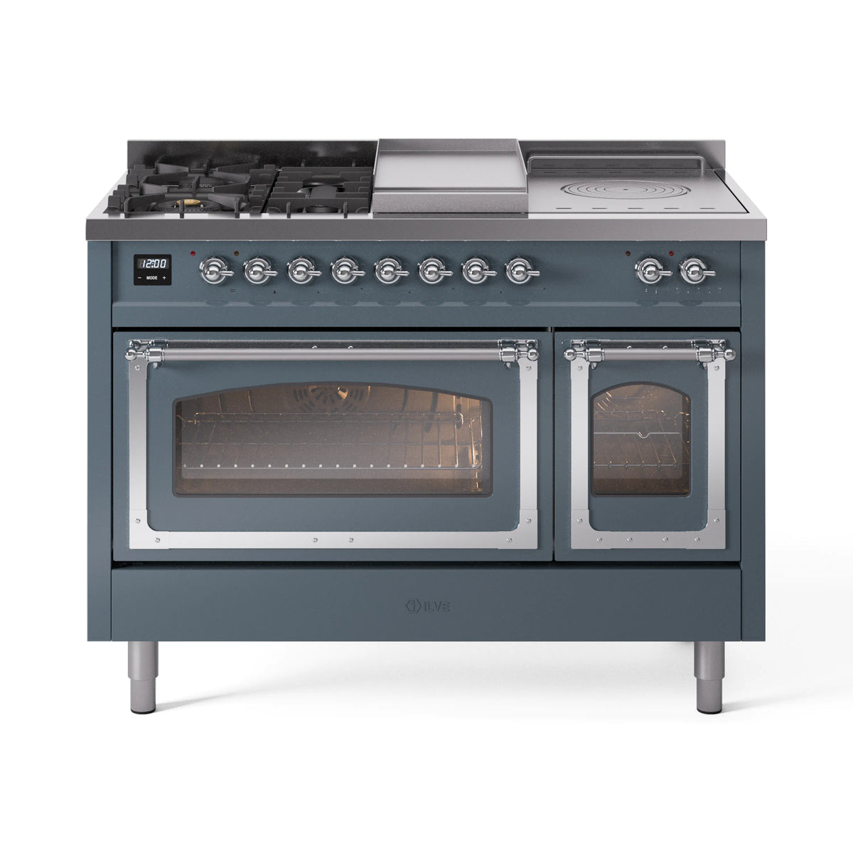 ILVE Nostalgie II Noblesse 48-Inch Propane Gas Dual Fuel Range with 5 Burners, Griddle, & French Top with Triple Glass Door Oven in Blue Grey with Chrome Trim (UN48FSNMPBGCLP)