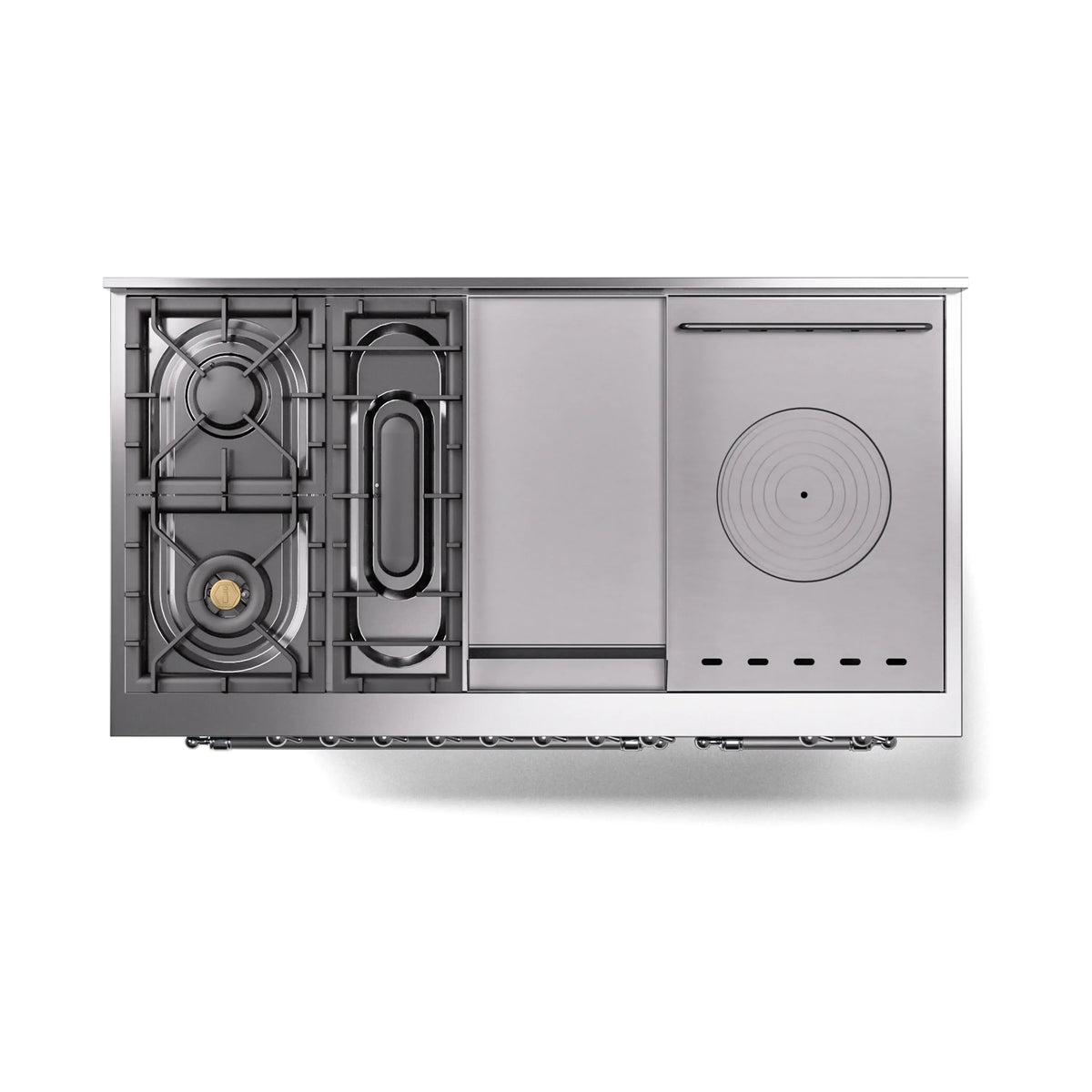 ILVE Nostalgie II Noblesse 48-Inch Natural Gas Dual Fuel Range with 5 Burners, Griddle, & French Top with Triple Glass Door Oven in Blue Grey with Chrome Trim (UN48FSNMPBGC)