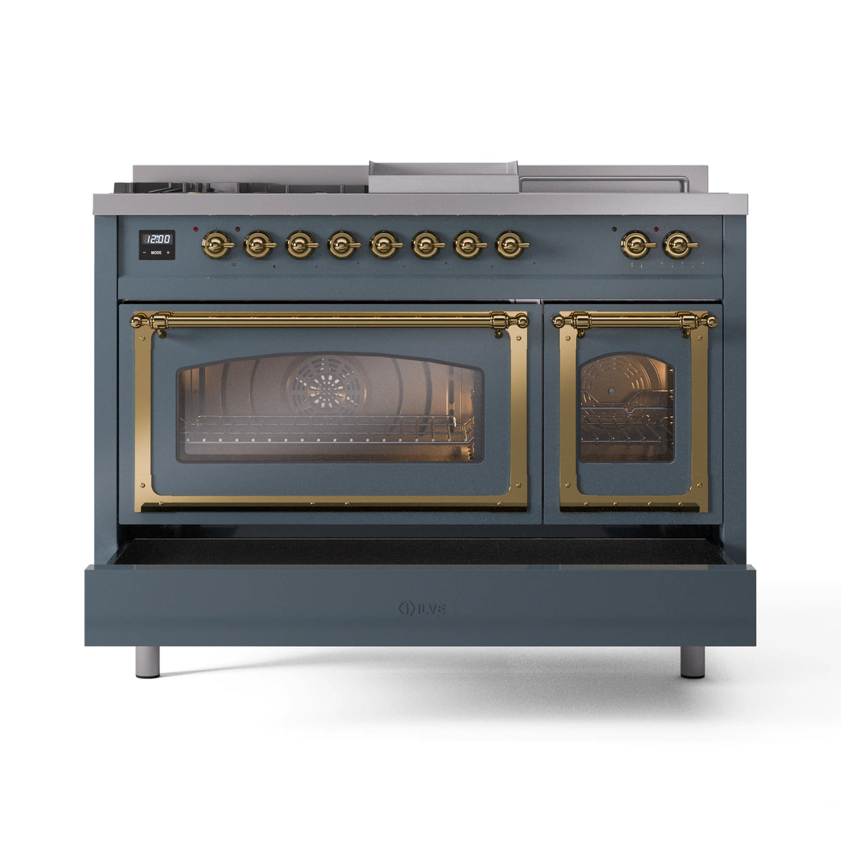 ILVE Nostalgie II Noblesse 48-Inch Propane Gas Dual Fuel Range with 5 Burners, Griddle, & French Top with Triple Glass Door Oven in Blue Grey with Brass Trim (UN48FSNMPBGGLP)