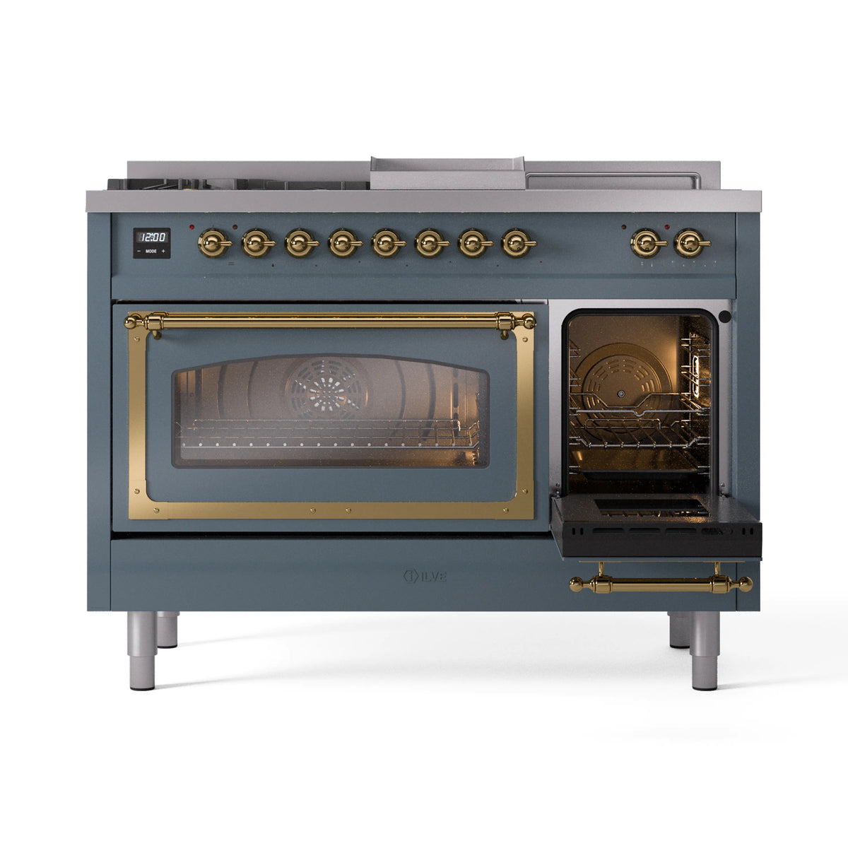 ILVE Nostalgie II Noblesse 48-Inch Propane Gas Dual Fuel Range with 5 Burners, Griddle, & French Top with Triple Glass Door Oven in Blue Grey with Brass Trim (UN48FSNMPBGGLP)