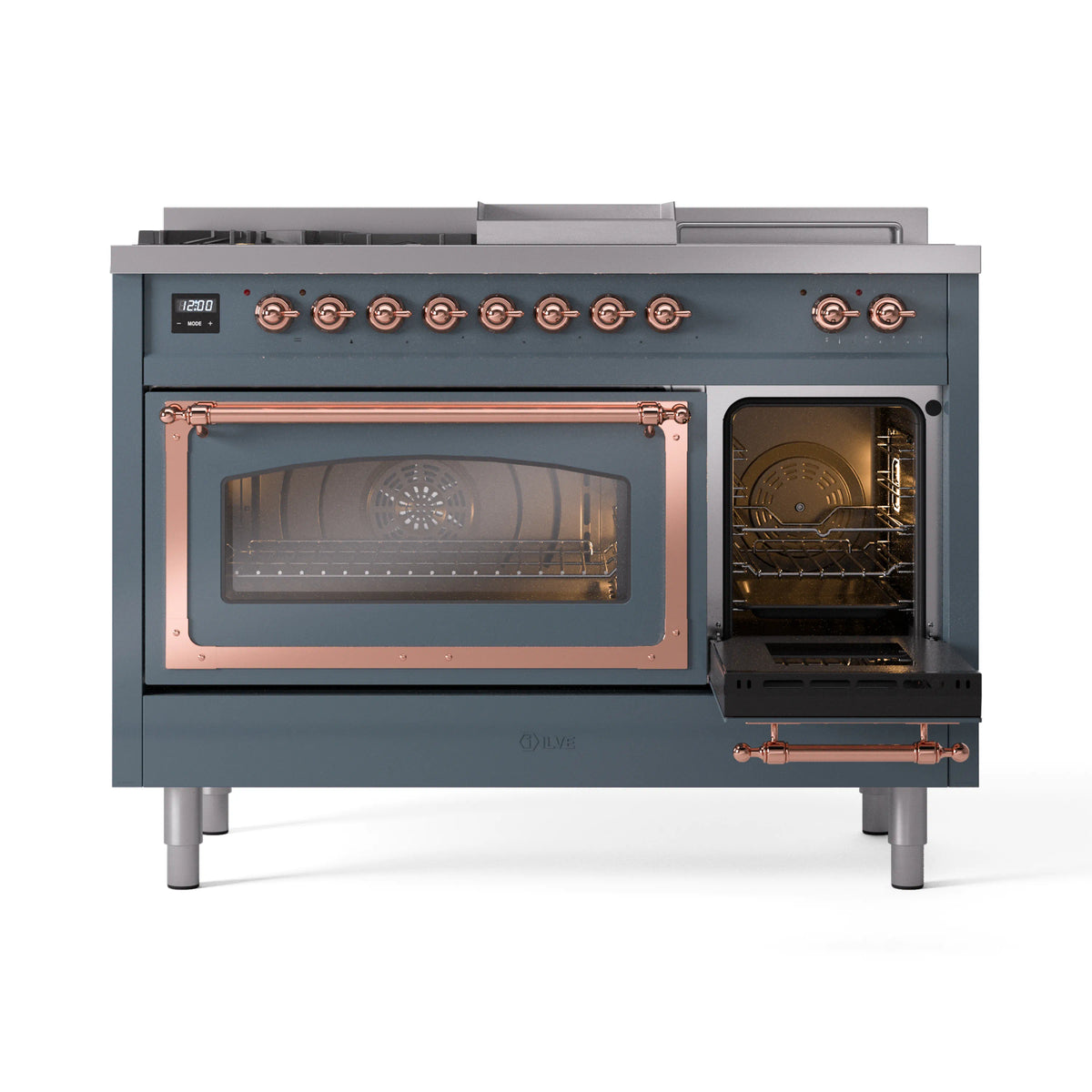 ILVE Nostalgie II Noblesse 48-Inch Natural Gas Dual Fuel Range with 5 Burners, Griddle, & French Top with Triple Glass Door Oven in Blue Grey with Copper Trim (UN48FSNMPBGP)