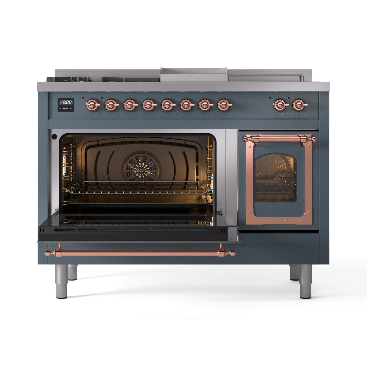 ILVE Nostalgie II Noblesse 48-Inch Propane Gas Dual Fuel Range with 5 Burners, Griddle, & French Top with Triple Glass Door Oven in Blue Grey with Copper Trim (UN48FSNMPBGPLP)