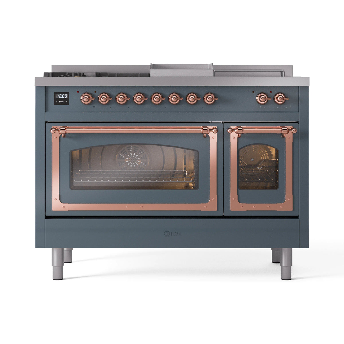 ILVE Nostalgie II Noblesse 48-Inch Propane Gas Dual Fuel Range with 5 Burners, Griddle, & French Top with Triple Glass Door Oven in Blue Grey with Copper Trim (UN48FSNMPBGPLP)