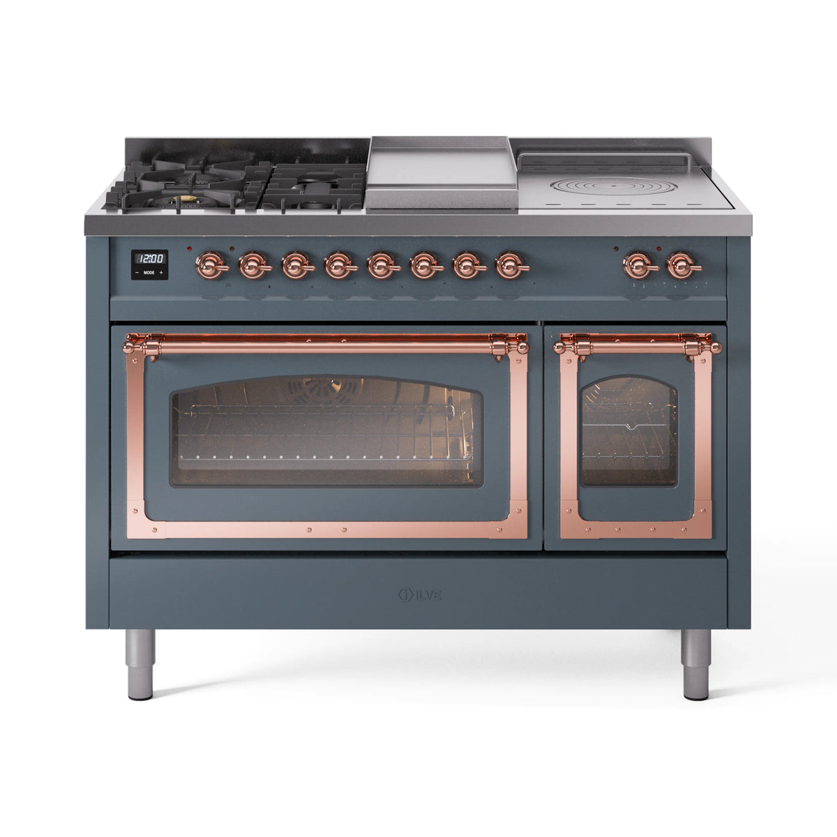 ILVE Nostalgie II Noblesse 48-Inch Natural Gas Dual Fuel Range with 5 Burners, Griddle, & French Top with Triple Glass Door Oven in Blue Grey with Copper Trim (UN48FSNMPBGP)