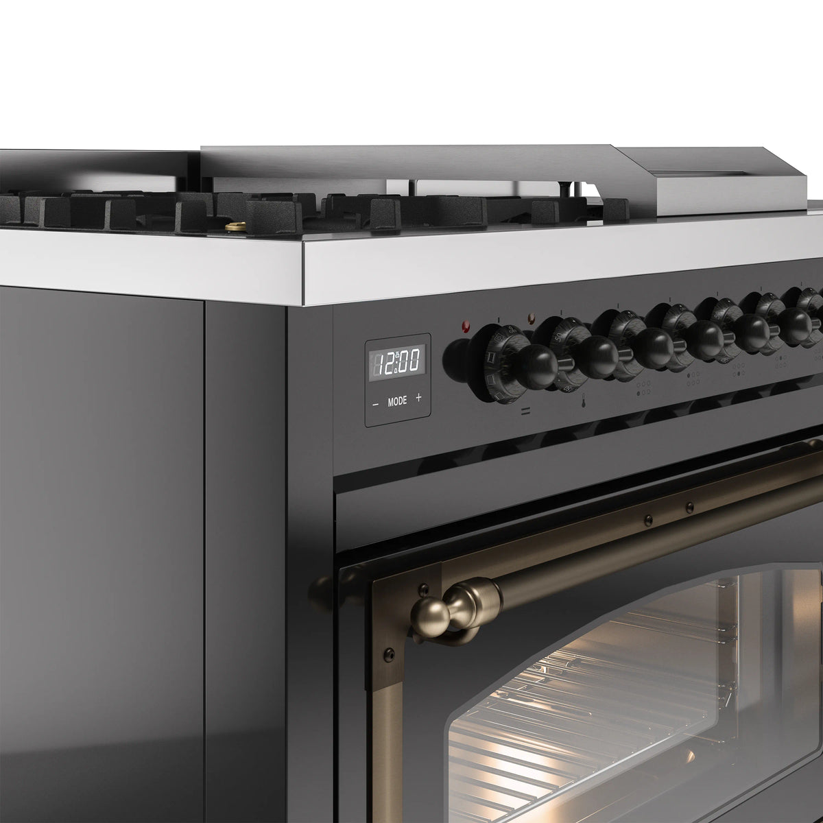 ILVE Nostalgie II Noblesse 48-Inch Propane Gas Dual Fuel Range with 5 Burners, Griddle, & French Top with Triple Glass Door Oven in Glossy Black with Burnished Bronze Trim (UN48FSNMPBKBLP)