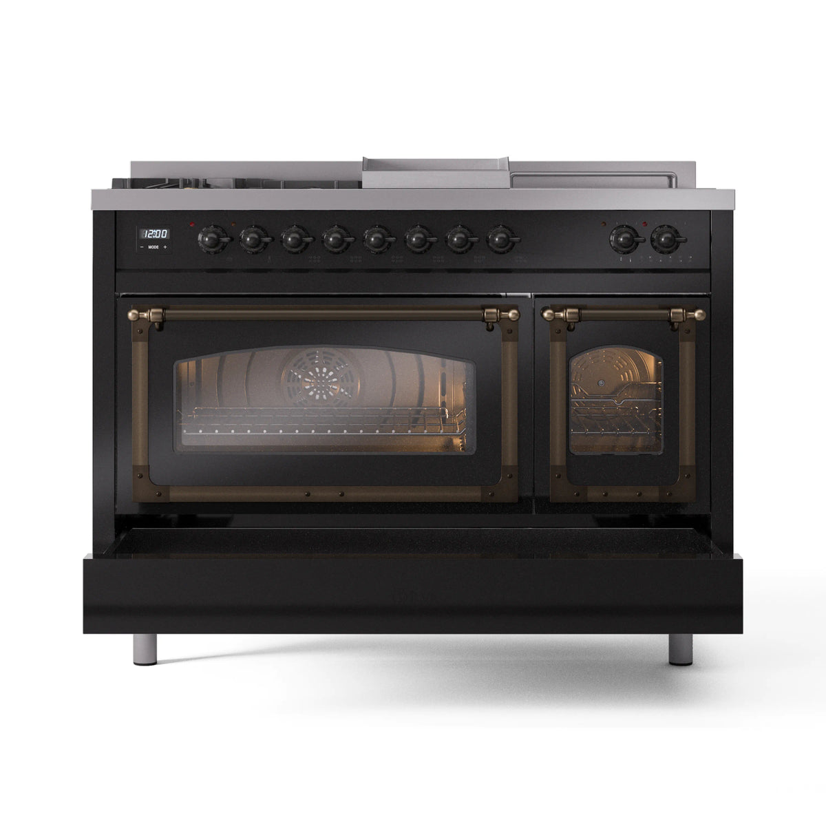 ILVE Nostalgie II Noblesse 48-Inch Propane Gas Dual Fuel Range with 5 Burners, Griddle, & French Top with Triple Glass Door Oven in Glossy Black with Burnished Bronze Trim (UN48FSNMPBKBLP)