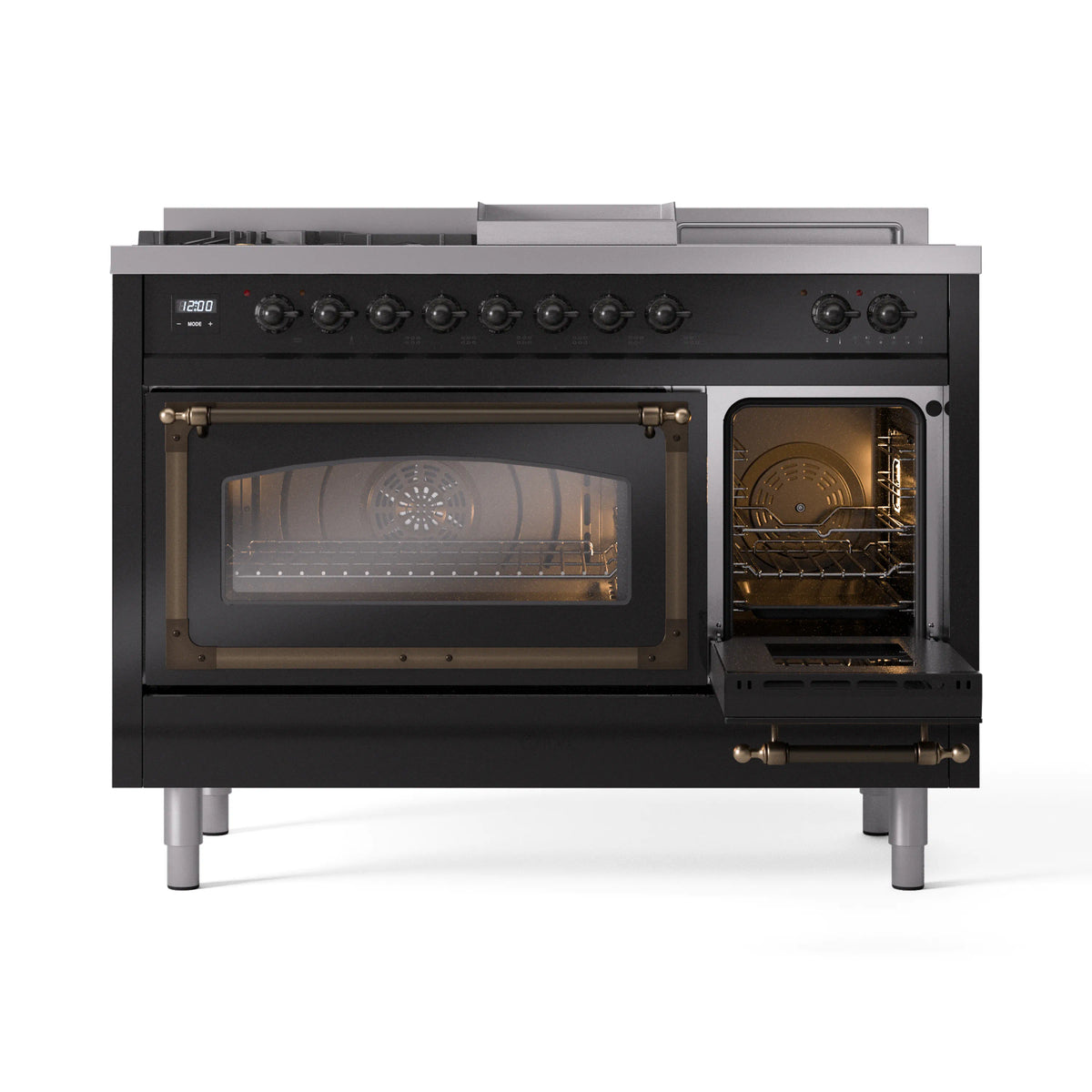 ILVE Nostalgie II Noblesse 48-Inch Natural Gas Dual Fuel Range with 5 Burners, Griddle, & French Top with Triple Glass Door Oven in Glossy Black with Burnished Bronze Trim (UN48FSNMPBKB)