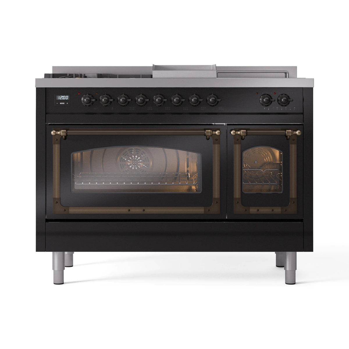 ILVE Nostalgie II Noblesse 48-Inch Propane Gas Dual Fuel Range with 5 Burners, Griddle, & French Top with Triple Glass Door Oven in Glossy Black with Burnished Bronze Trim (UN48FSNMPBKBLP)