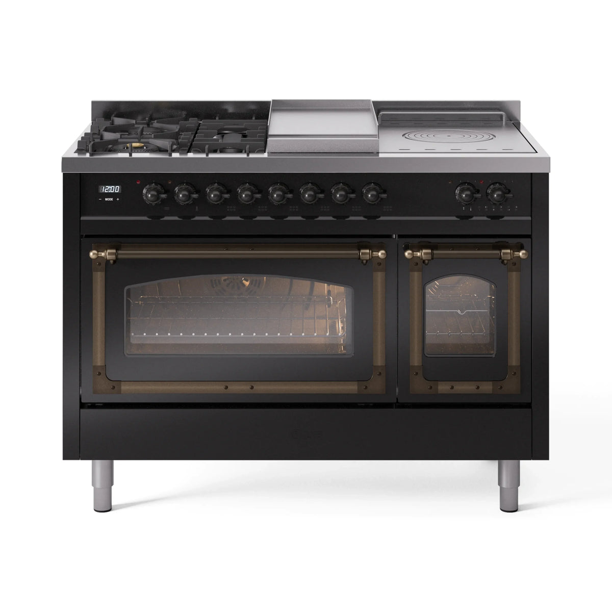 ILVE Nostalgie II Noblesse 48-Inch Natural Gas Dual Fuel Range with 5 Burners, Griddle, & French Top with Triple Glass Door Oven in Glossy Black with Burnished Bronze Trim (UN48FSNMPBKB)