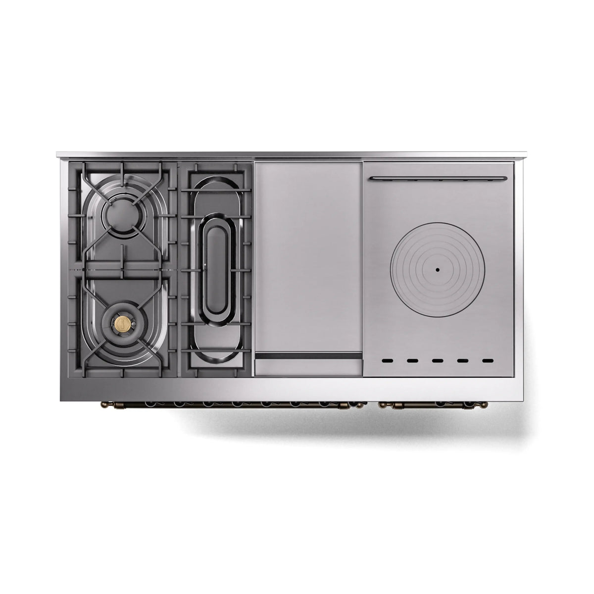 ILVE Nostalgie II Noblesse 48-Inch Natural Gas Dual Fuel Range with 5 Burners, Griddle, & French Top with Triple Glass Door Oven in Glossy Black with Burnished Bronze Trim (UN48FSNMPBKB)