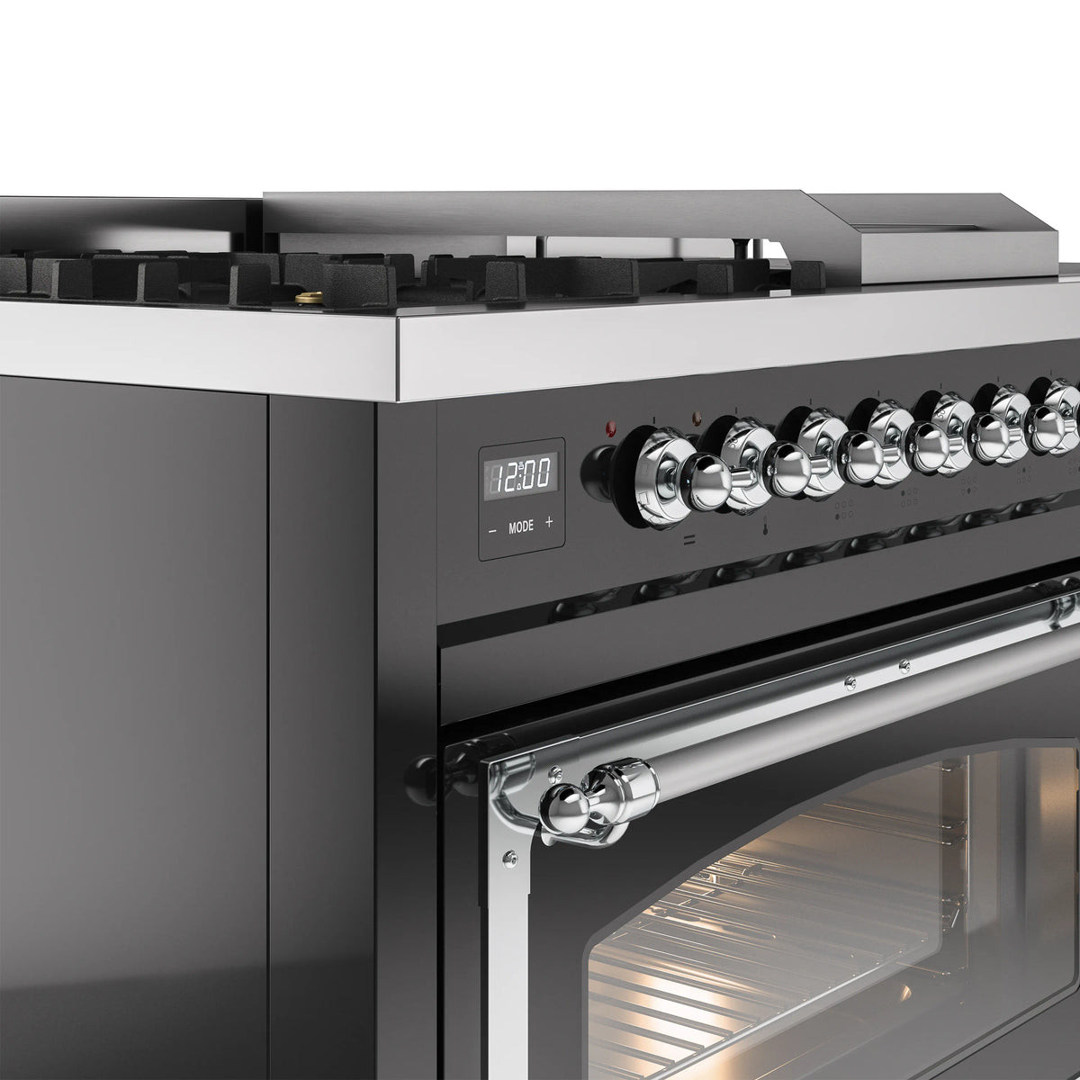 ILVE Nostalgie II Noblesse 48-Inch Propane Gas Dual Fuel Range with 5 Burners, Griddle, & French Top with Triple Glass Door Oven in Glossy Black with Chrome Trim (UN48FSNMPBKCLP)