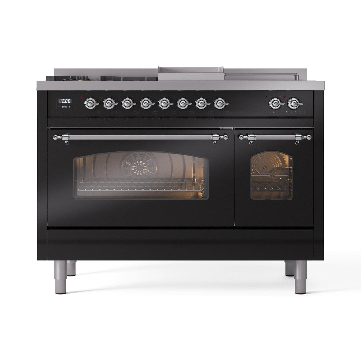ILVE Nostalgie II 48-Inch Propane Gas Dual Fuel Range with 5 Burners, Griddle, & French Top with Triple Glass Door Oven in Glossy Black with Chrome Trim (UP48FSNMPBKCLP)