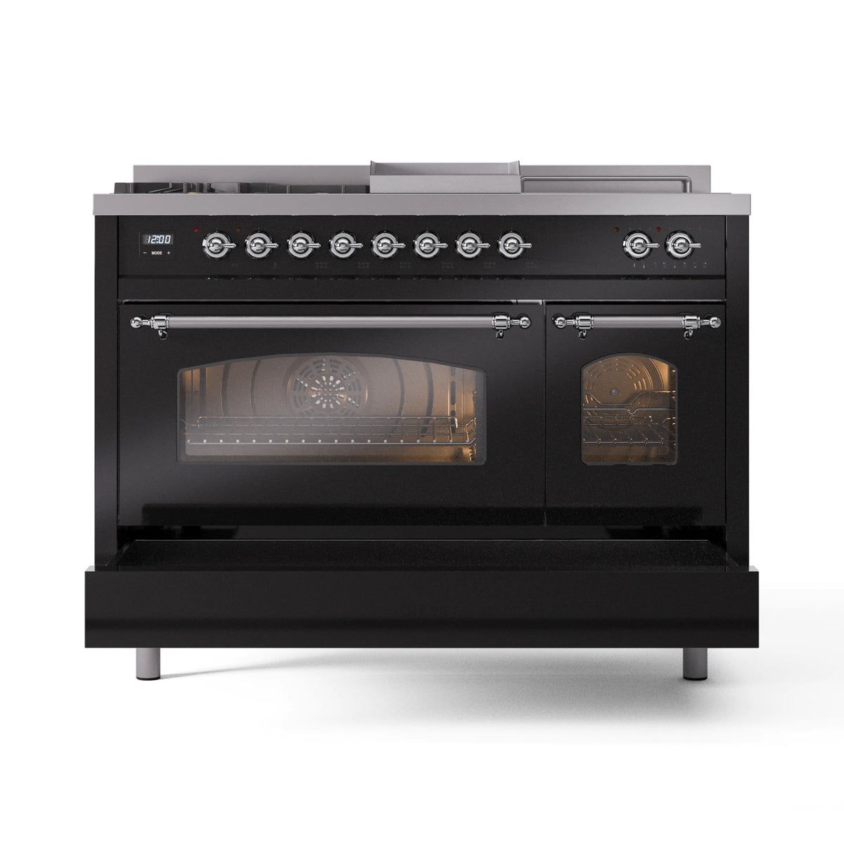 ILVE Nostalgie II 48-Inch Propane Gas Dual Fuel Range with 5 Burners, Griddle, & French Top with Triple Glass Door Oven in Glossy Black with Chrome Trim (UP48FSNMPBKCLP)