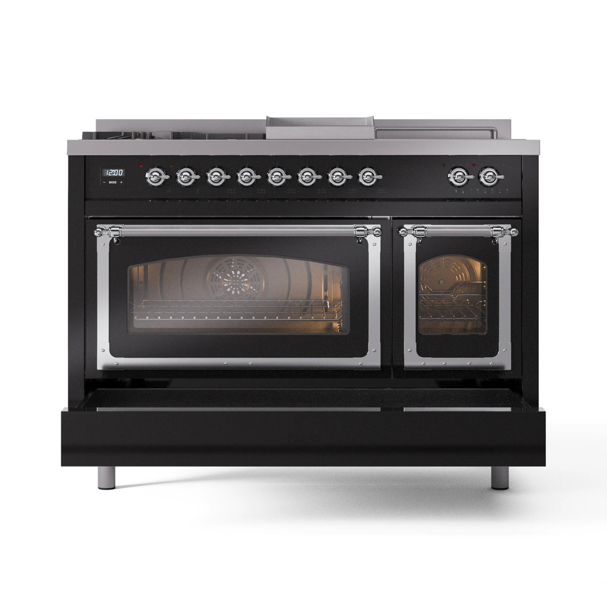 ILVE Nostalgie II Noblesse 48-Inch Propane Gas Dual Fuel Range with 5 Burners, Griddle, & French Top with Triple Glass Door Oven in Glossy Black with Chrome Trim (UN48FSNMPBKCLP)