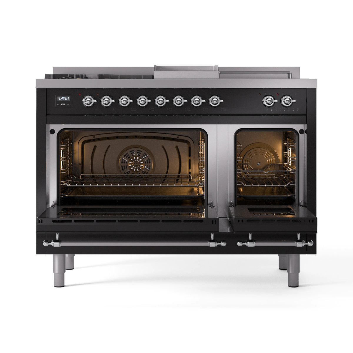 ILVE Nostalgie II 48-Inch Propane Gas Dual Fuel Range with 5 Burners, Griddle, & French Top with Triple Glass Door Oven in Glossy Black with Chrome Trim (UP48FSNMPBKCLP)
