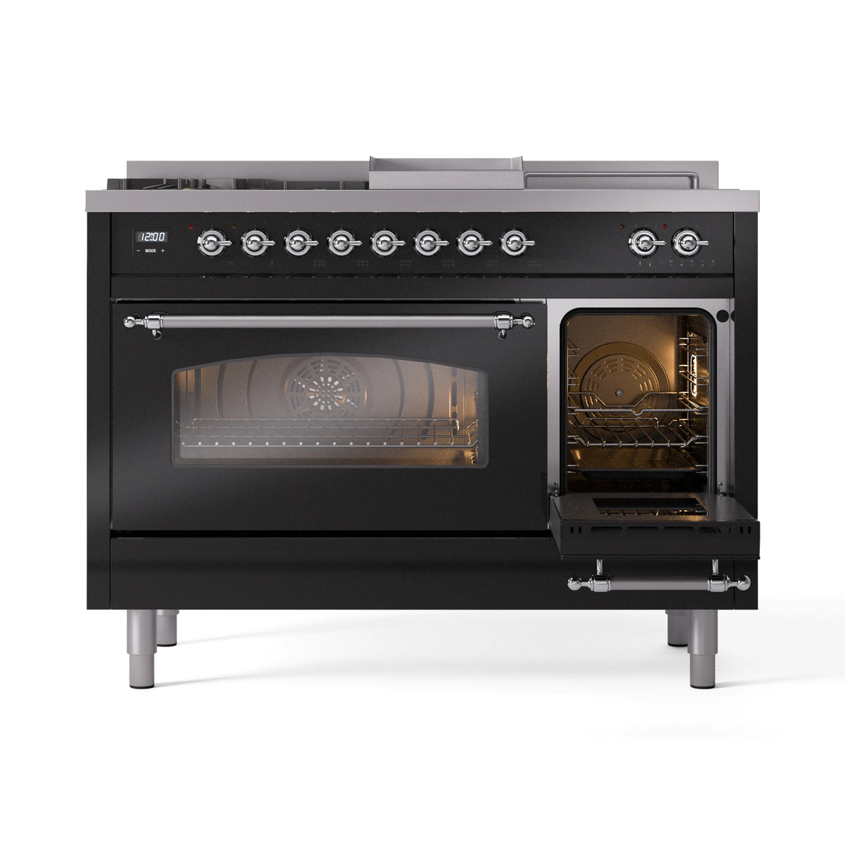 ILVE Nostalgie II 48-Inch Propane Gas Dual Fuel Range with 5 Burners, Griddle, & French Top with Triple Glass Door Oven in Glossy Black with Chrome Trim (UP48FSNMPBKCLP)