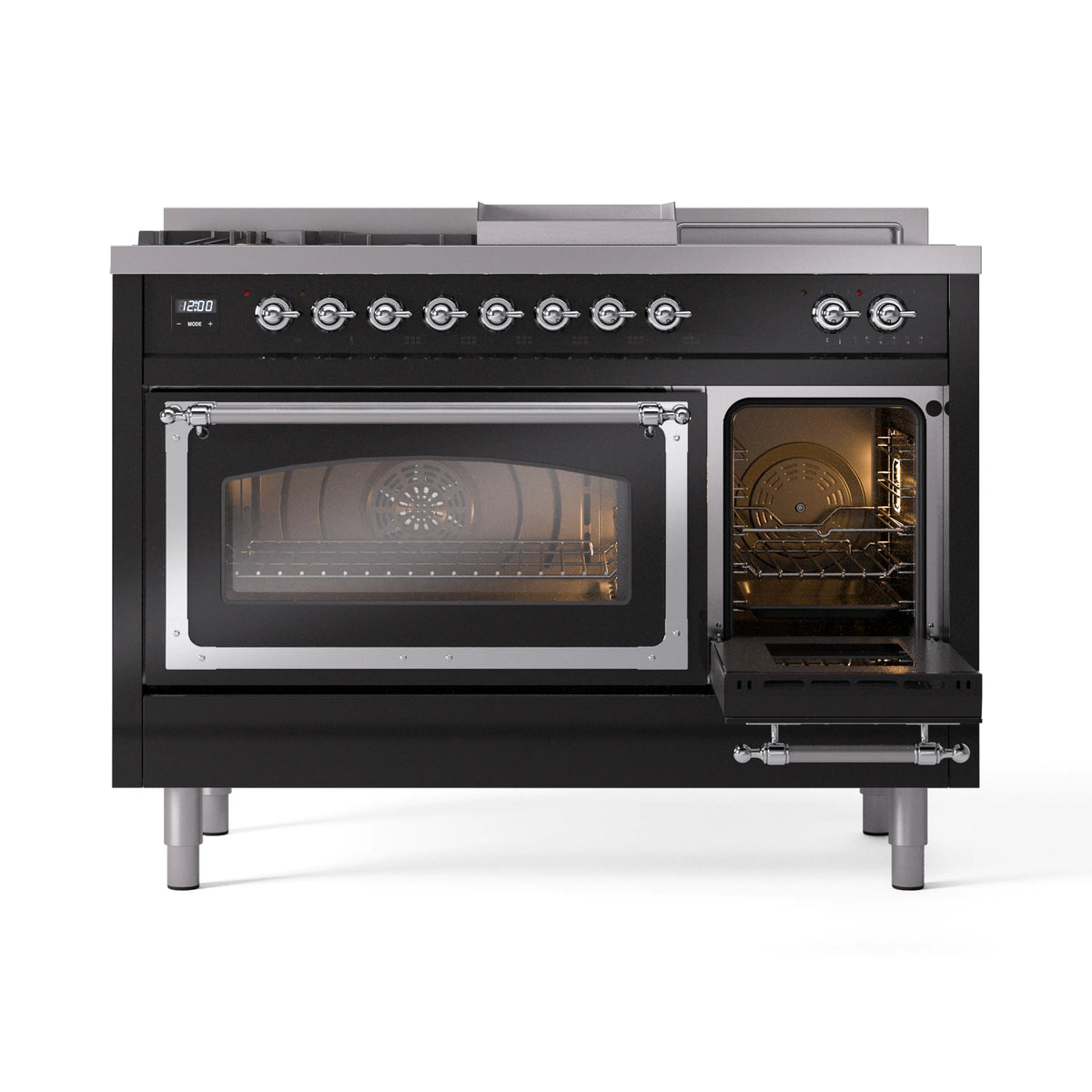ILVE Nostalgie II Noblesse 48-Inch Natural Gas Dual Fuel Range with 5 Burners, Griddle, & French Top with Triple Glass Door Oven in Glossy Black with Chrome Trim (UN48FSNMPBKC)