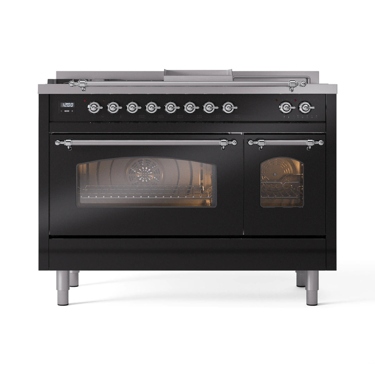 ILVE Nostalgie II 48-Inch Propane Gas Dual Fuel Range with 5 Burners, Griddle, & French Top with Triple Glass Door Oven in Glossy Black with Chrome Trim (UP48FSNMPBKCLP)
