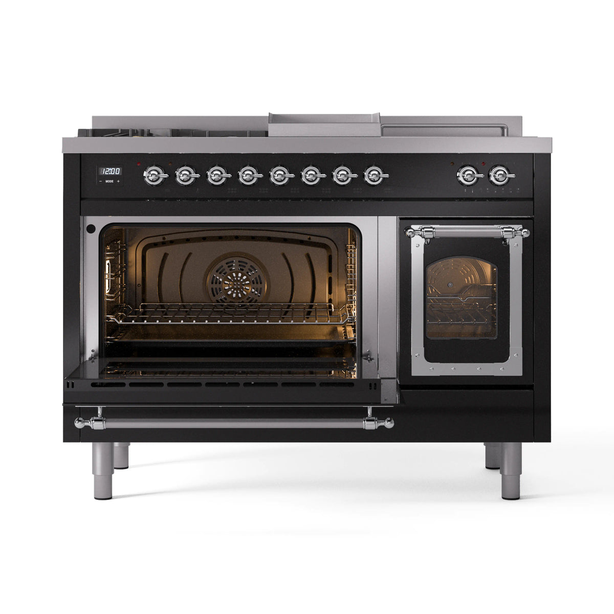 ILVE Nostalgie II Noblesse 48-Inch Natural Gas Dual Fuel Range with 5 Burners, Griddle, & French Top with Triple Glass Door Oven in Glossy Black with Chrome Trim (UN48FSNMPBKC)