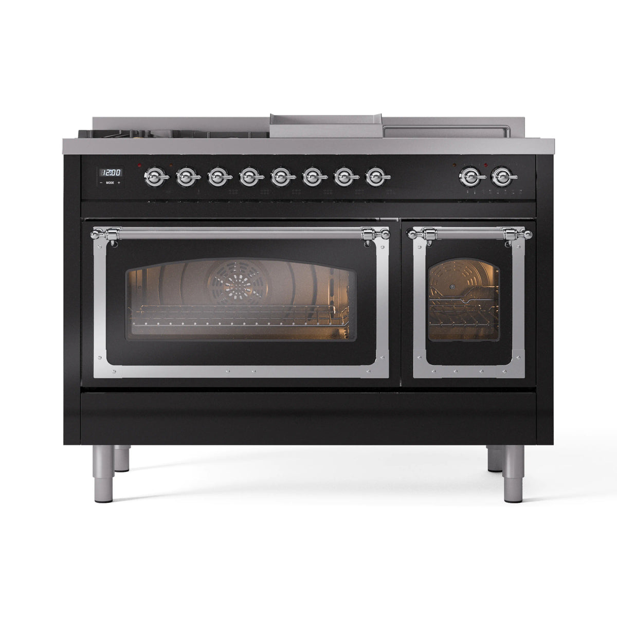 ILVE Nostalgie II Noblesse 48-Inch Propane Gas Dual Fuel Range with 5 Burners, Griddle, & French Top with Triple Glass Door Oven in Glossy Black with Chrome Trim (UN48FSNMPBKCLP)