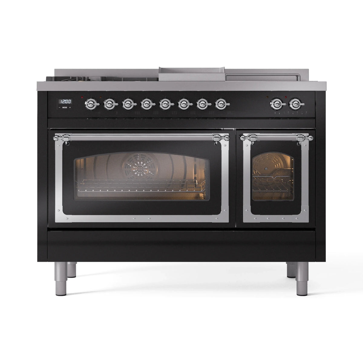 ILVE Nostalgie II Noblesse 48-Inch Natural Gas Dual Fuel Range with 5 Burners, Griddle, & French Top with Triple Glass Door Oven in Glossy Black with Chrome Trim (UN48FSNMPBKC)