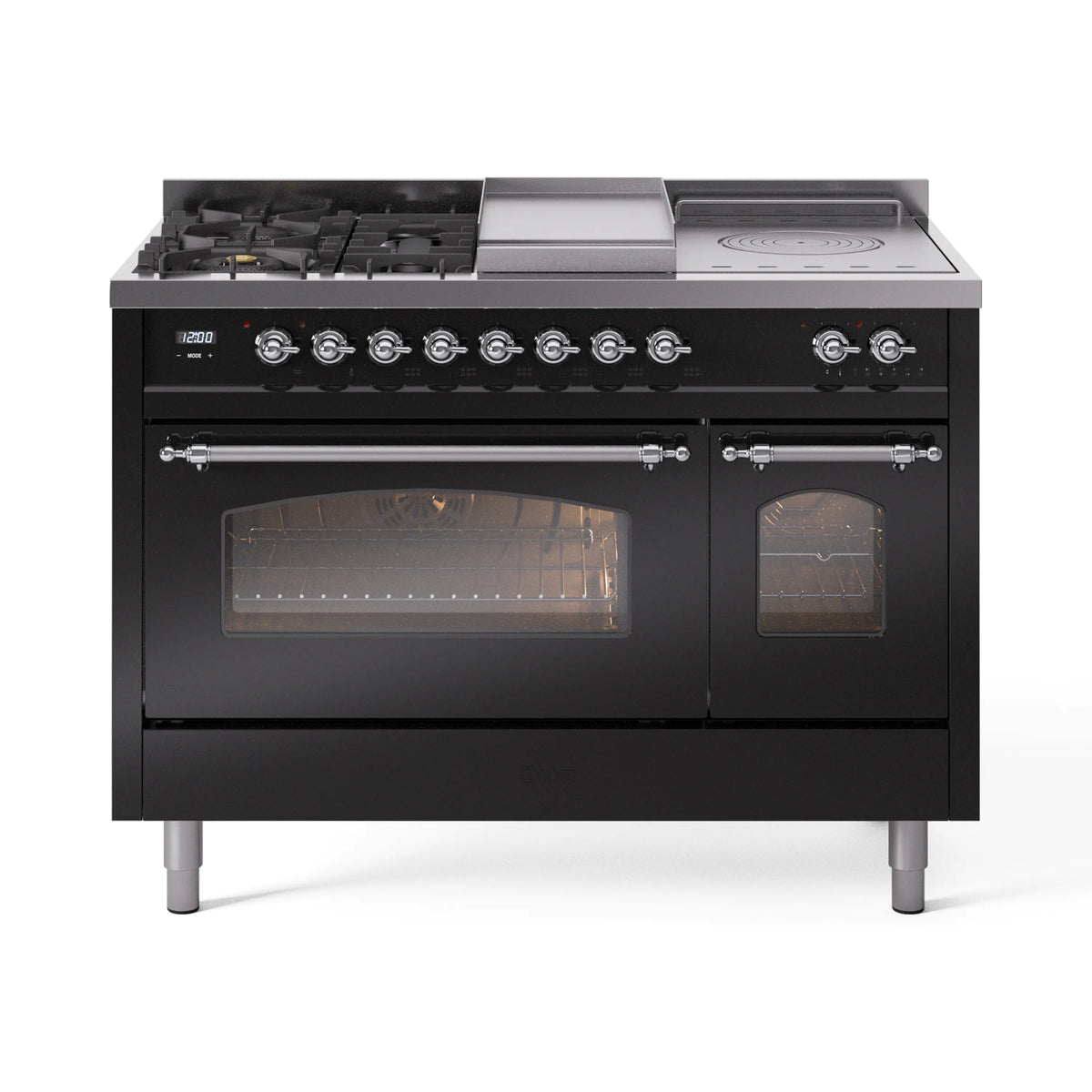 ILVE Nostalgie II 48-Inch Propane Gas Dual Fuel Range with 5 Burners, Griddle, & French Top with Triple Glass Door Oven in Glossy Black with Chrome Trim (UP48FSNMPBKCLP)