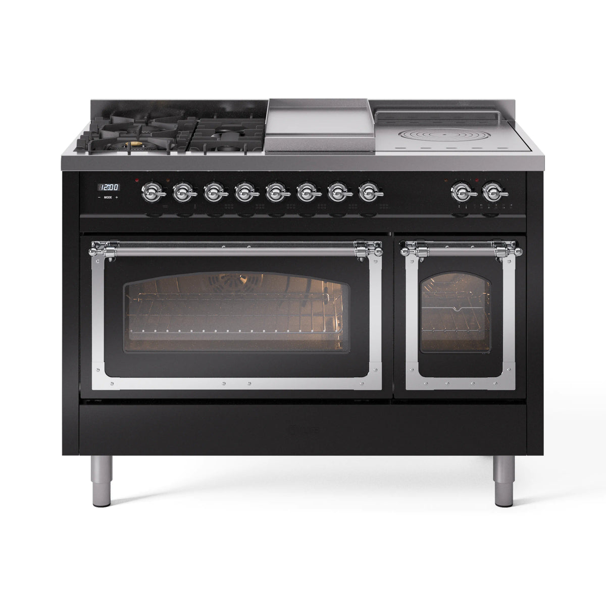 ILVE Nostalgie II Noblesse 48-Inch Propane Gas Dual Fuel Range with 5 Burners, Griddle, & French Top with Triple Glass Door Oven in Glossy Black with Chrome Trim (UN48FSNMPBKCLP)