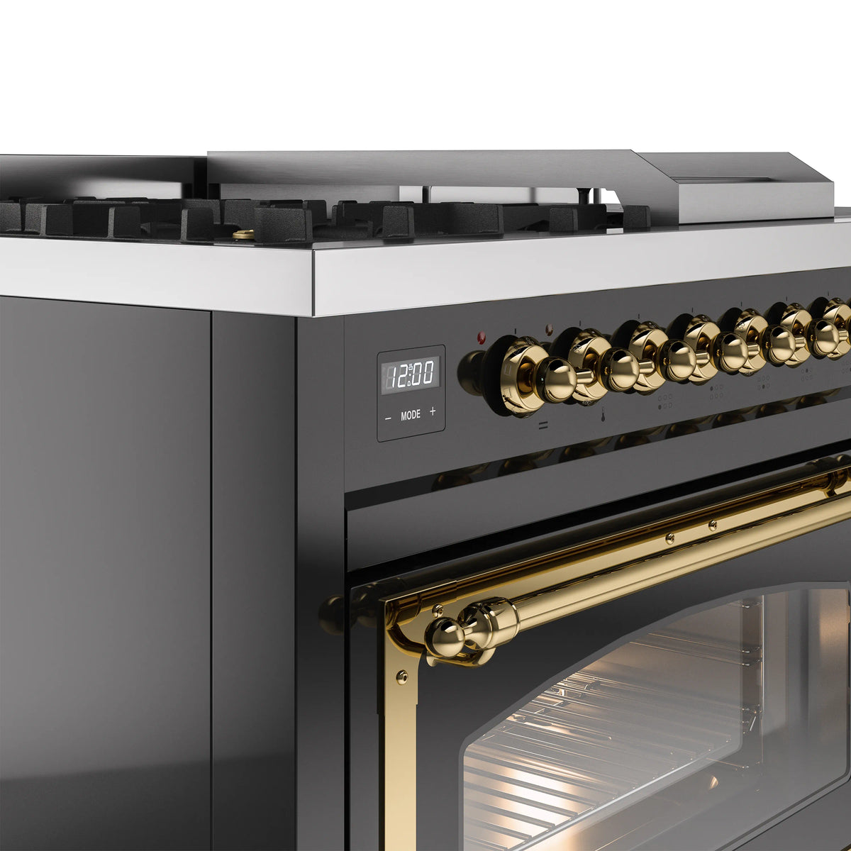 ILVE Nostalgie II Noblesse 48-Inch Propane Gas Dual Fuel Range with 5 Burners, Griddle, & French Top with Triple Glass Door Oven in Glossy Black with Brass Trim (UN48FSNMPBKGLP)