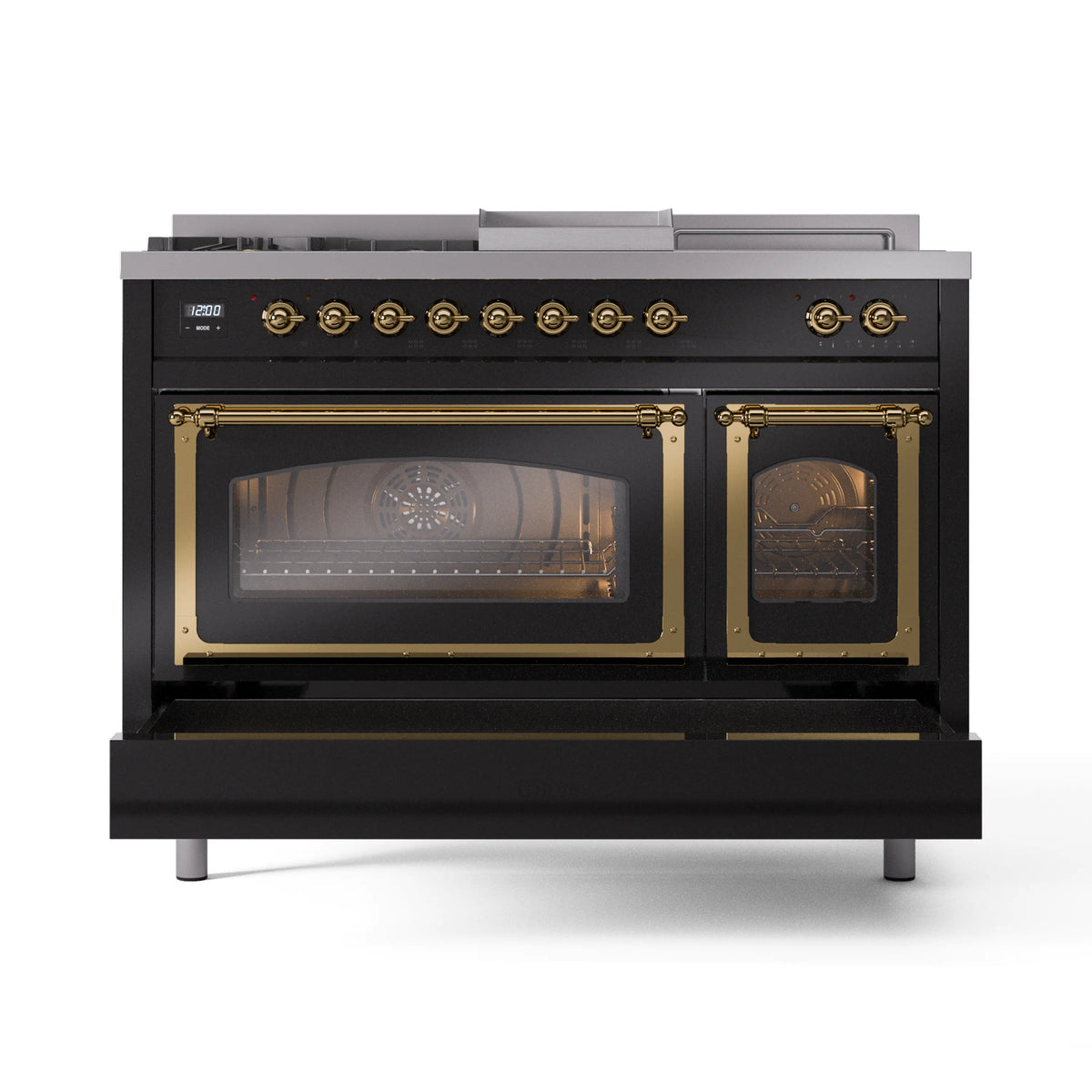 ILVE Nostalgie II Noblesse 48-Inch Propane Gas Dual Fuel Range with 5 Burners, Griddle, & French Top with Triple Glass Door Oven in Glossy Black with Brass Trim (UN48FSNMPBKGLP)