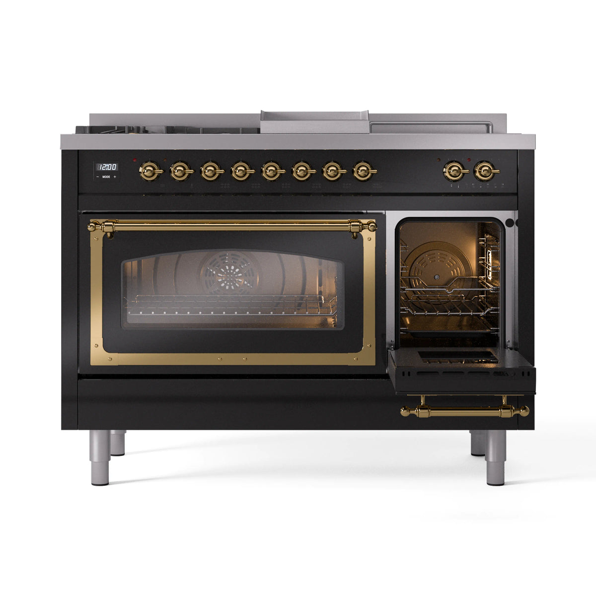 ILVE Nostalgie II Noblesse 48-Inch Natural Gas Dual Fuel Range with 5 Burners, Griddle, & French Top with Triple Glass Door Oven in Glossy Black with Brass Trim (UN48FSNMPBKG)