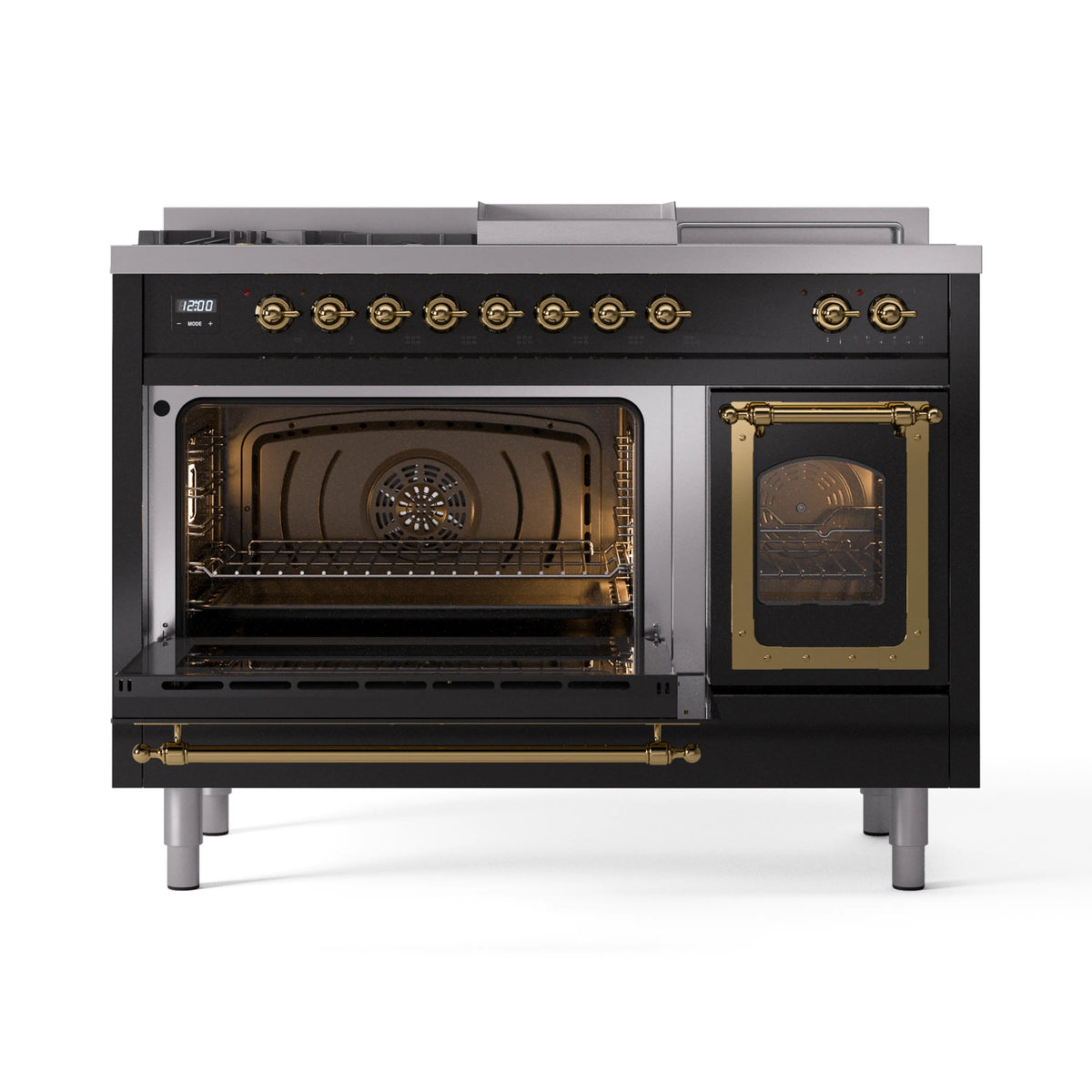 ILVE Nostalgie II Noblesse 48-Inch Propane Gas Dual Fuel Range with 5 Burners, Griddle, & French Top with Triple Glass Door Oven in Glossy Black with Brass Trim (UN48FSNMPBKGLP)