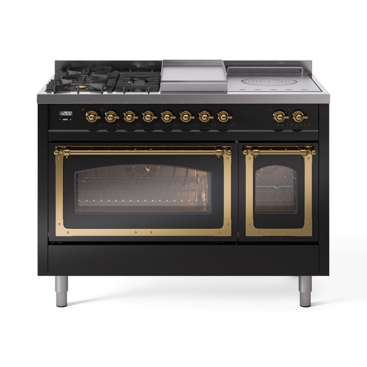 ILVE Nostalgie II Noblesse 48-Inch Propane Gas Dual Fuel Range with 5 Burners, Griddle, & French Top with Triple Glass Door Oven in Glossy Black with Brass Trim (UN48FSNMPBKGLP)