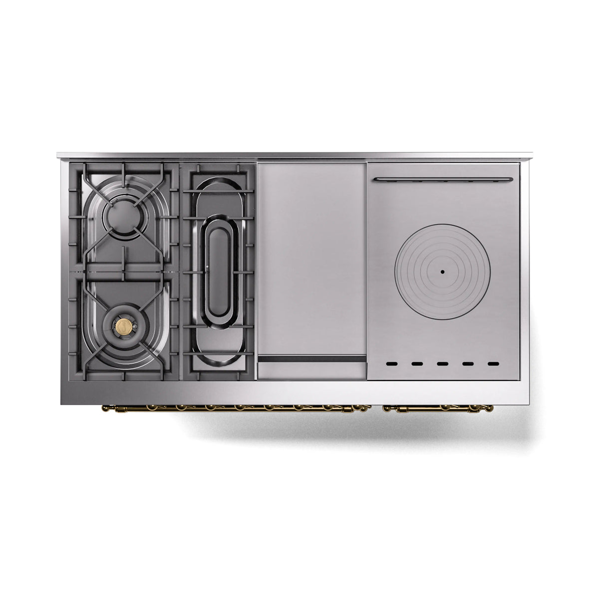 ILVE Nostalgie II Noblesse 48-Inch Propane Gas Dual Fuel Range with 5 Burners, Griddle, & French Top with Triple Glass Door Oven in Glossy Black with Brass Trim (UN48FSNMPBKGLP)