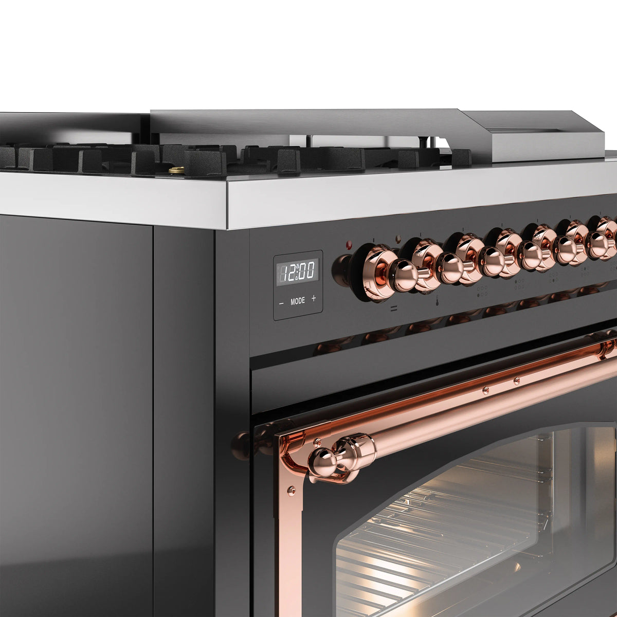 ILVE Nostalgie II Noblesse 48-Inch Propane Gas Dual Fuel Range with 5 Burners, Griddle, & French Top with Triple Glass Door Oven in Glossy Black with Copper Trim (UN48FSNMPBKPLP)