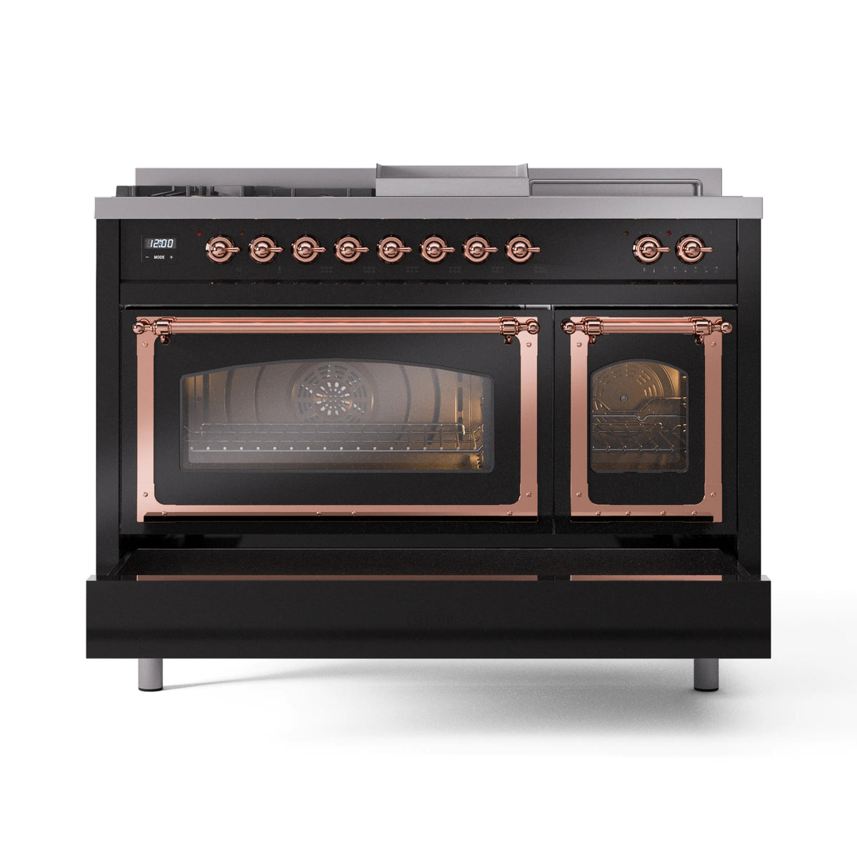 ILVE Nostalgie II Noblesse 48-Inch Propane Gas Dual Fuel Range with 5 Burners, Griddle, & French Top with Triple Glass Door Oven in Glossy Black with Copper Trim (UN48FSNMPBKPLP)