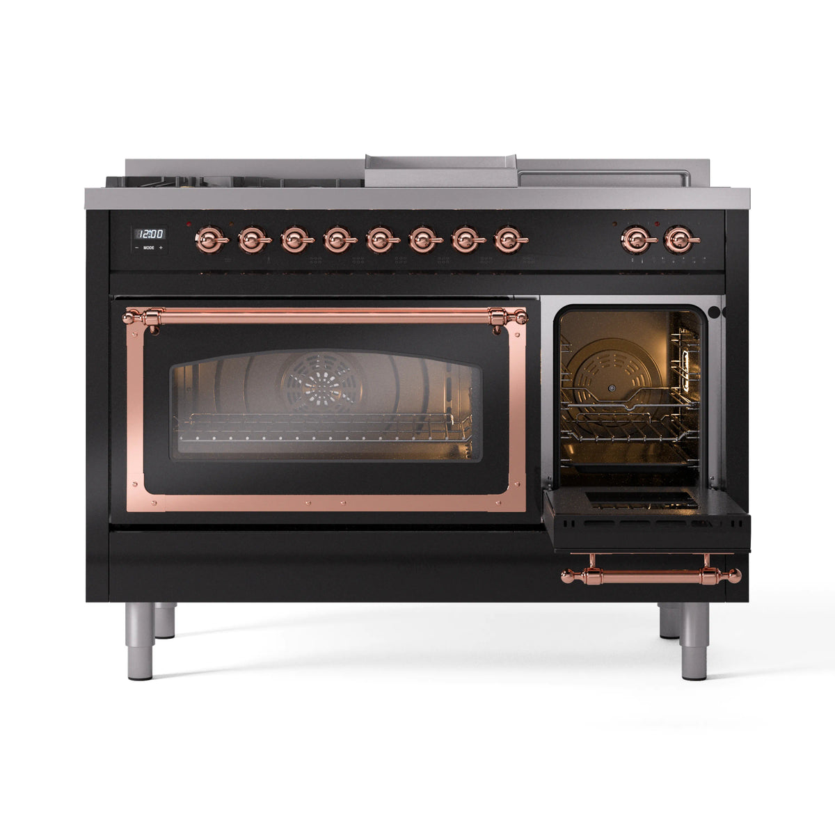 ILVE Nostalgie II Noblesse 48-Inch Natural Gas Dual Fuel Range with 5 Burners, Griddle, & French Top with Triple Glass Door Oven in Glossy Black with Copper Trim (UN48FSNMPBKP)
