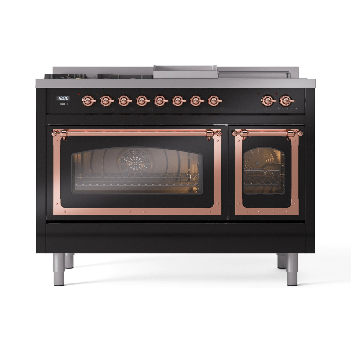 ILVE Nostalgie II Noblesse 48-Inch Propane Gas Dual Fuel Range with 5 Burners, Griddle, & French Top with Triple Glass Door Oven in Glossy Black with Copper Trim (UN48FSNMPBKPLP)