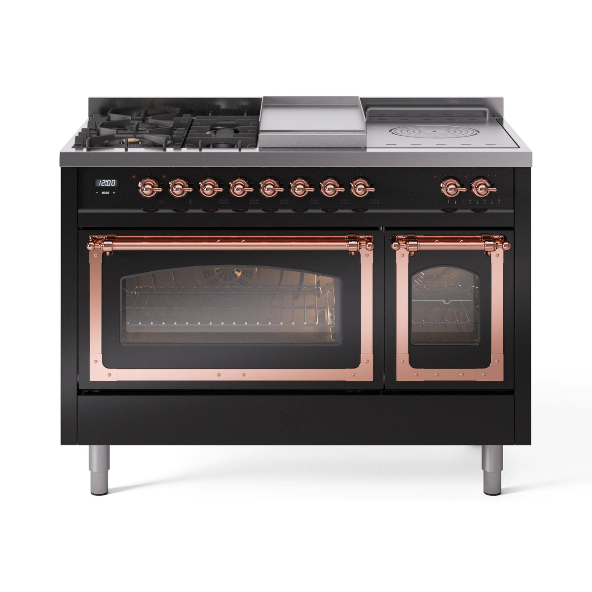 ILVE Nostalgie II Noblesse 48-Inch Natural Gas Dual Fuel Range with 5 Burners, Griddle, & French Top with Triple Glass Door Oven in Glossy Black with Copper Trim (UN48FSNMPBKP)