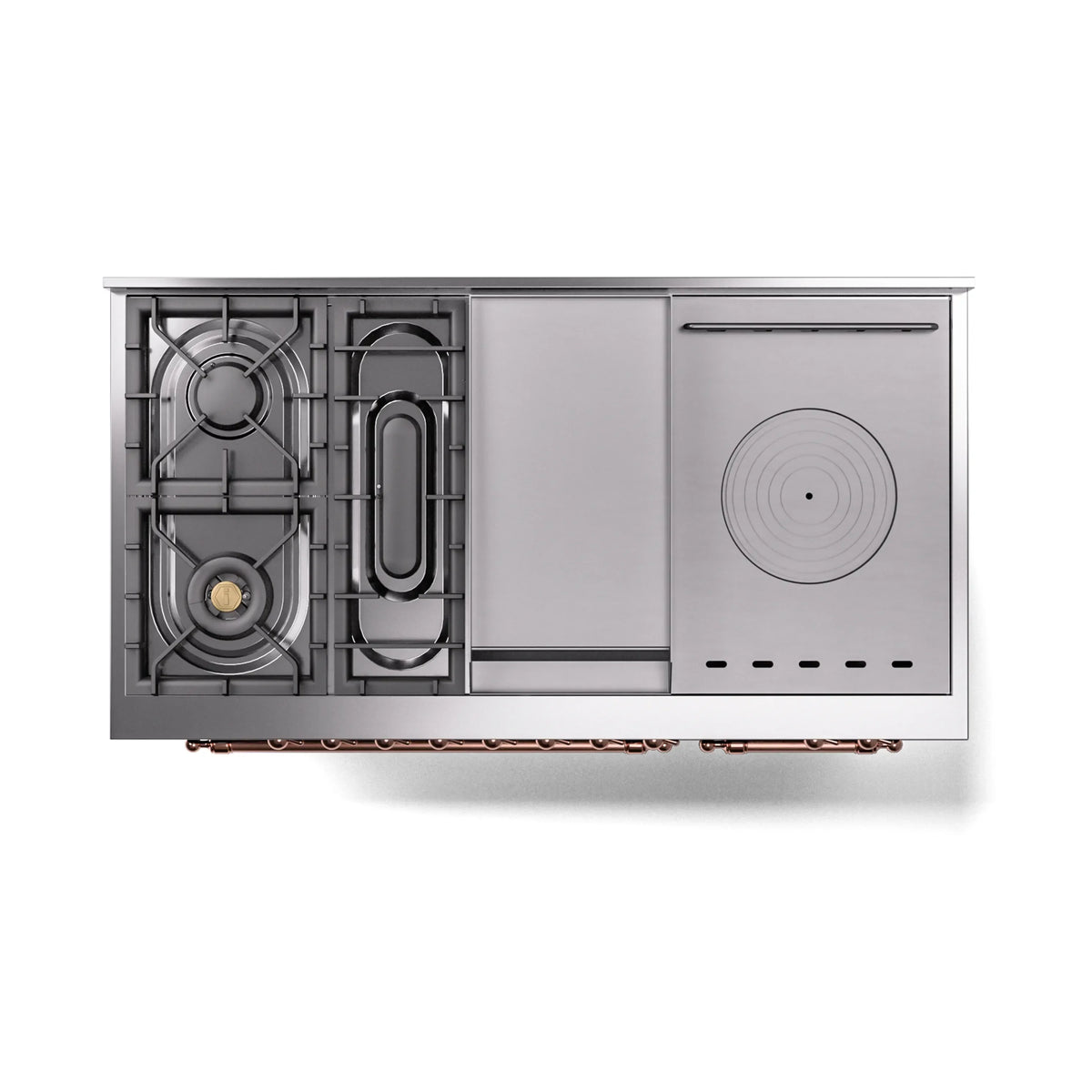ILVE Nostalgie II Noblesse 48-Inch Natural Gas Dual Fuel Range with 5 Burners, Griddle, & French Top with Triple Glass Door Oven in Glossy Black with Copper Trim (UN48FSNMPBKP)