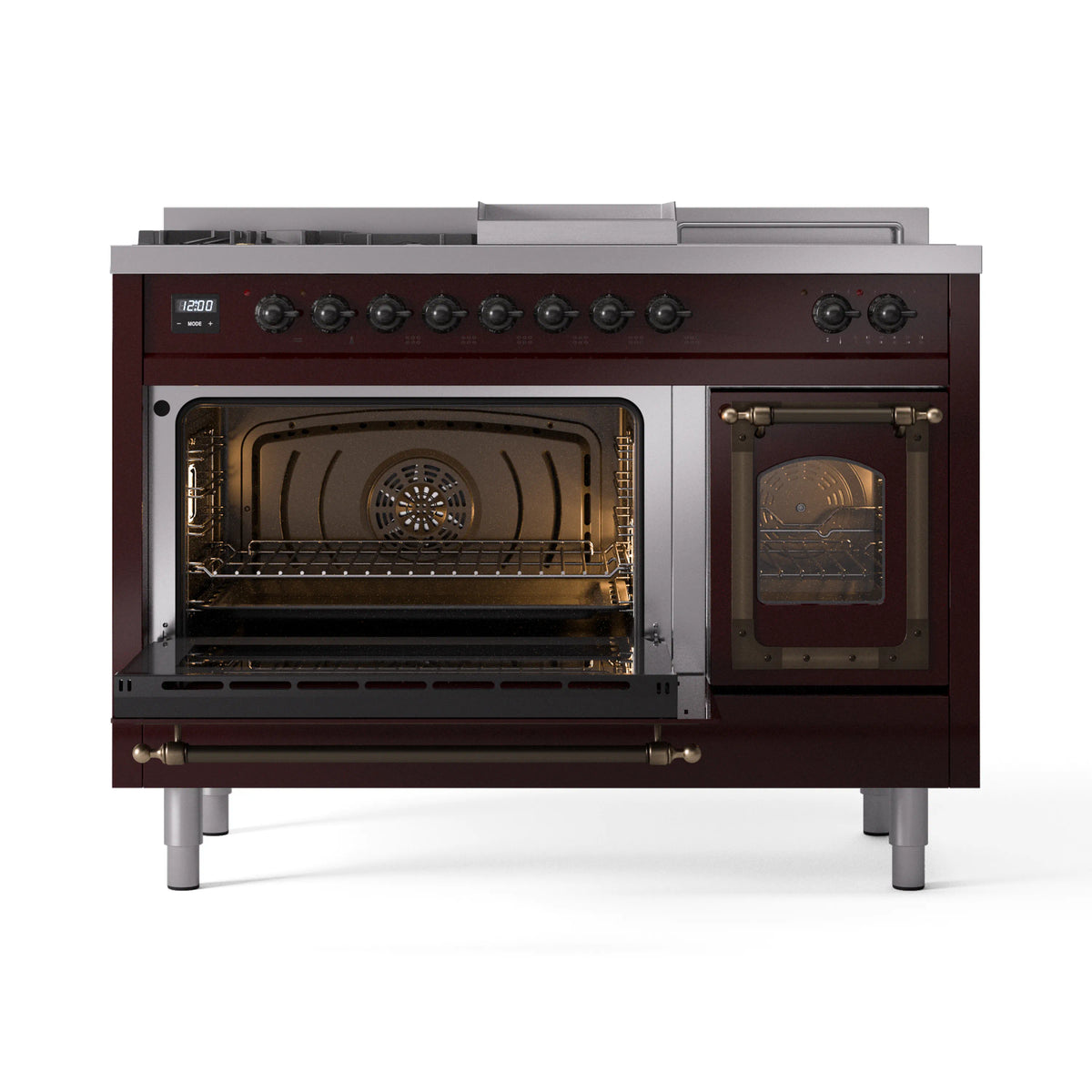 ILVE Nostalgie II Noblesse 48-Inch Natural Gas Dual Fuel Range with 5 Burners, Griddle, & French Top with Triple Glass Door Oven in Burgundy with Burnished Bronze Trim (UN48FSNMPBUB)