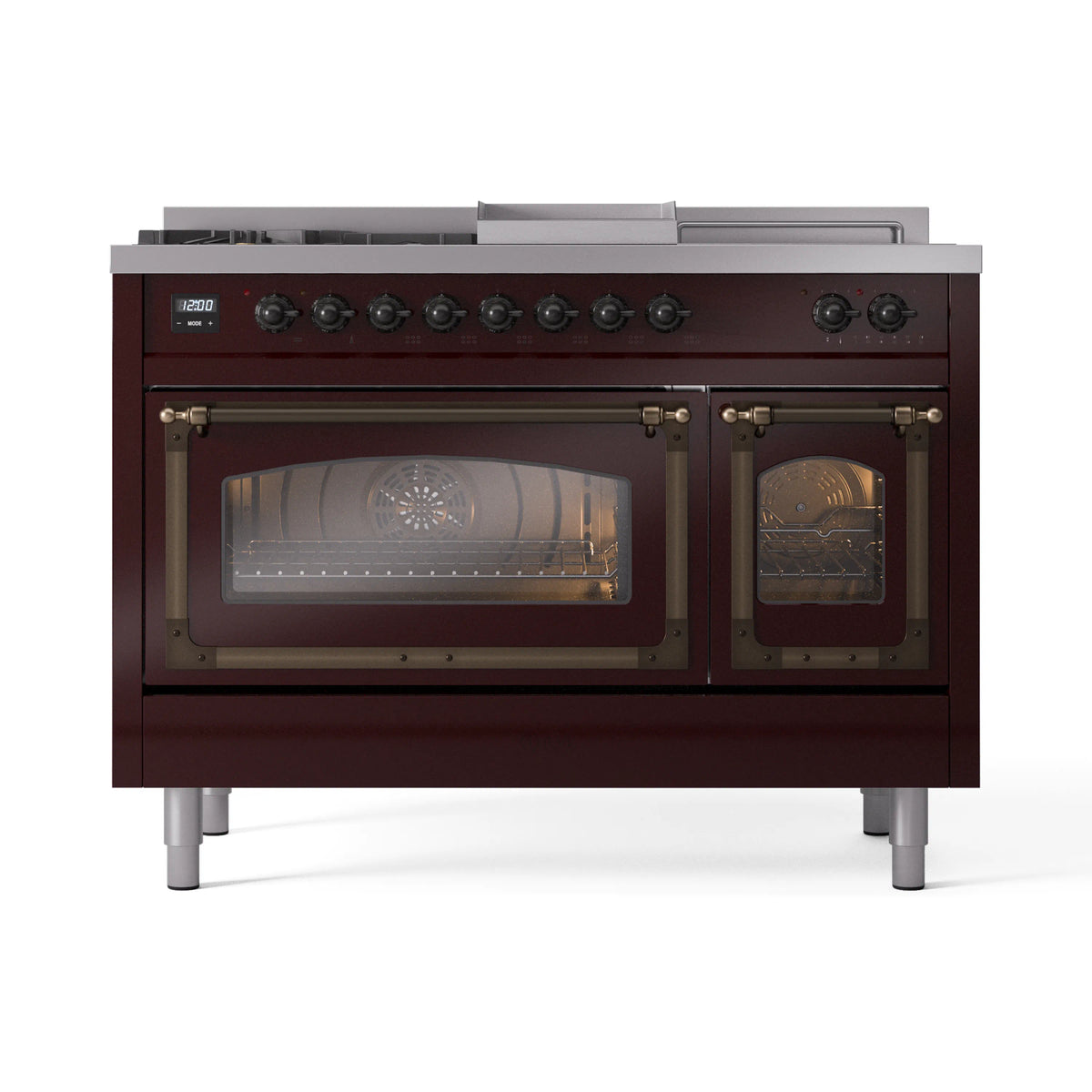 ILVE Nostalgie II Noblesse 48-Inch Natural Gas Dual Fuel Range with 5 Burners, Griddle, & French Top with Triple Glass Door Oven in Burgundy with Burnished Bronze Trim (UN48FSNMPBUB)