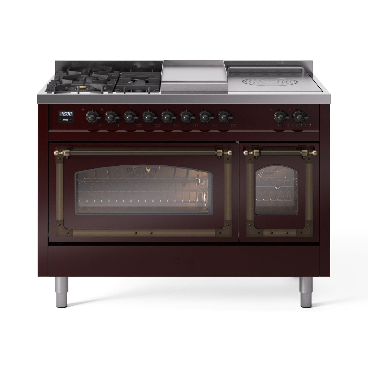 ILVE Nostalgie II Noblesse 48-Inch Natural Gas Dual Fuel Range with 5 Burners, Griddle, & French Top with Triple Glass Door Oven in Burgundy with Burnished Bronze Trim (UN48FSNMPBUB)