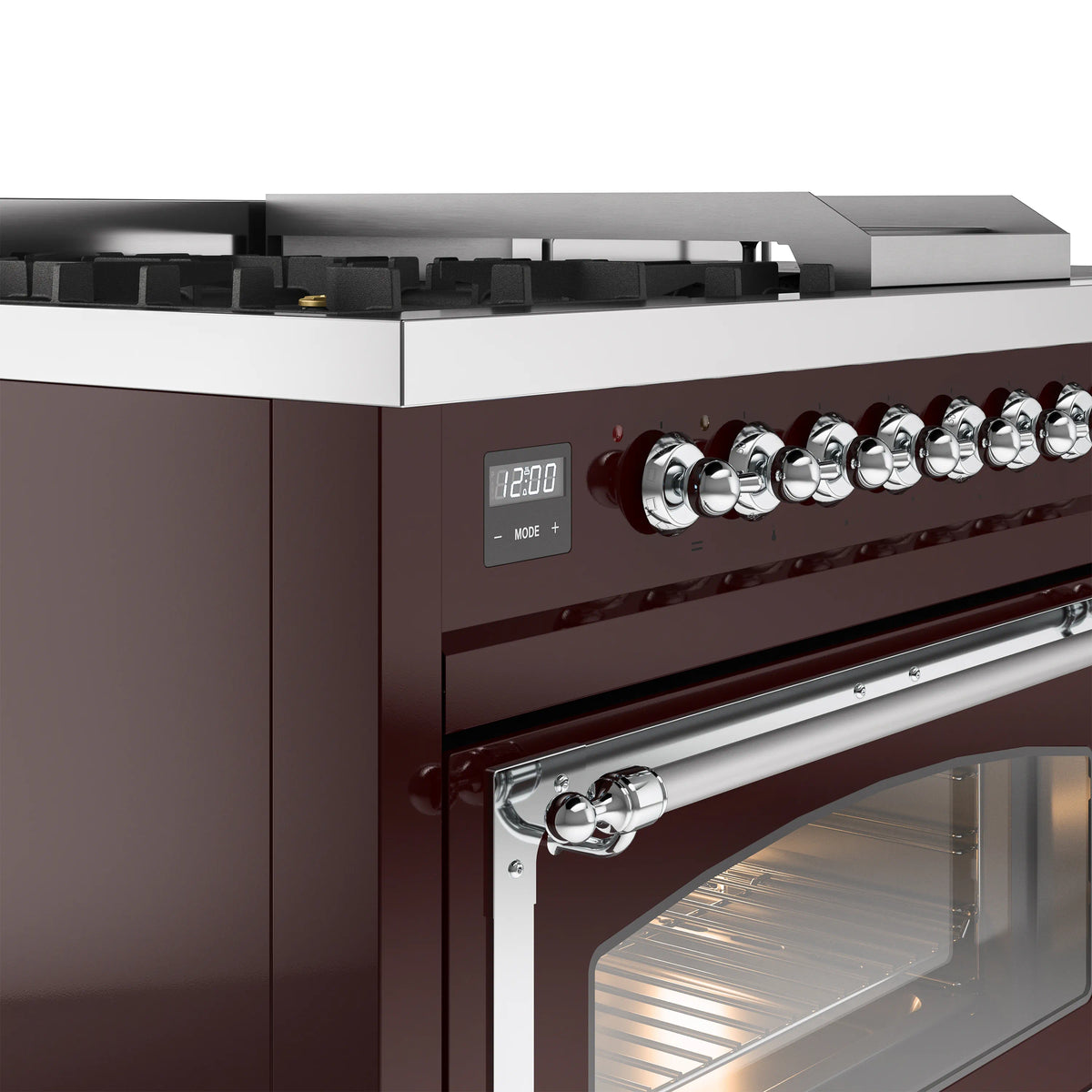 ILVE Nostalgie II Noblesse 48-Inch Propane Gas Dual Fuel Range with 5 Burners, Griddle, & French Top with Triple Glass Door Oven in Burgundy with Chrome Trim (UN48FSNMPBUCLP)