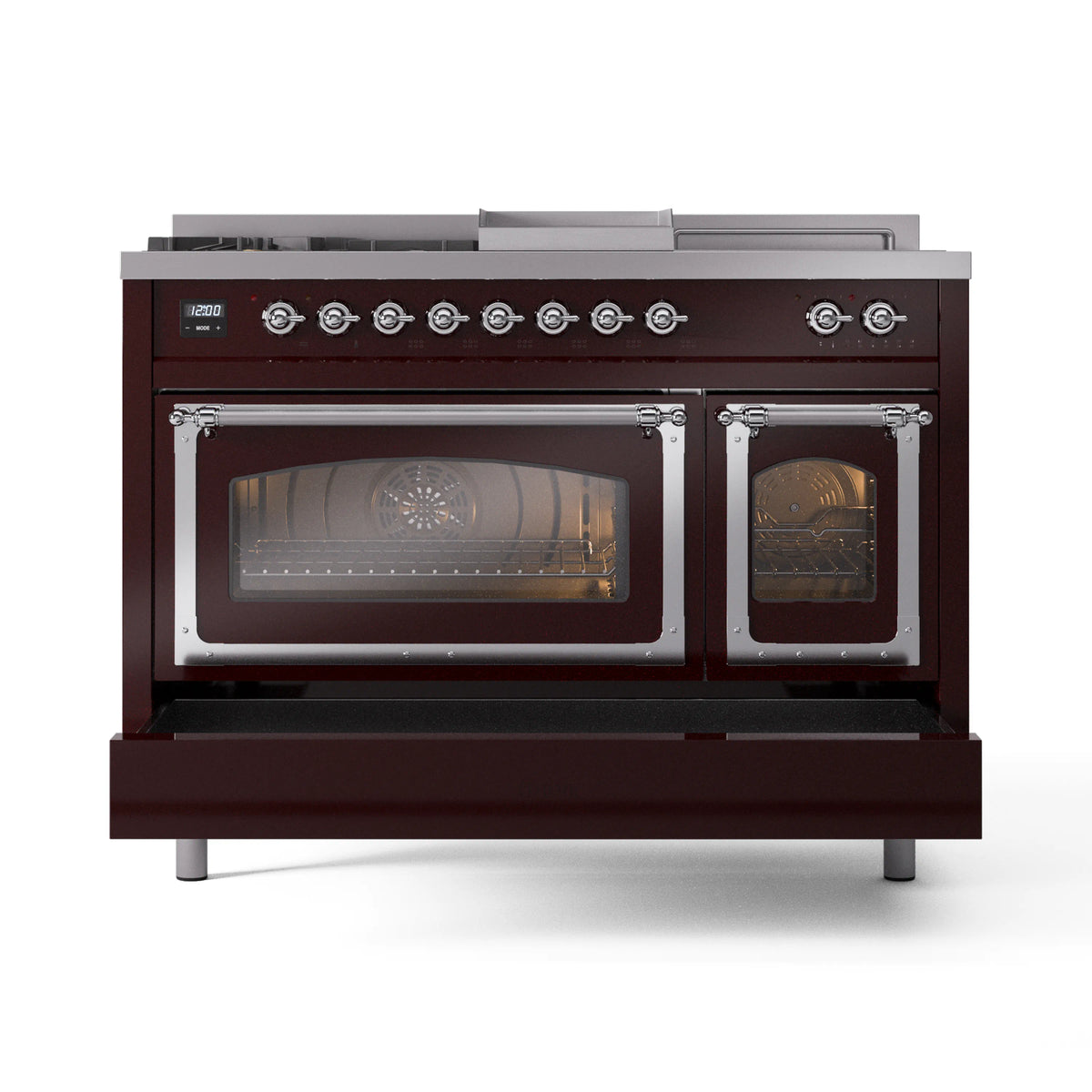 ILVE Nostalgie II Noblesse 48-Inch Propane Gas Dual Fuel Range with 5 Burners, Griddle, & French Top with Triple Glass Door Oven in Burgundy with Chrome Trim (UN48FSNMPBUCLP)